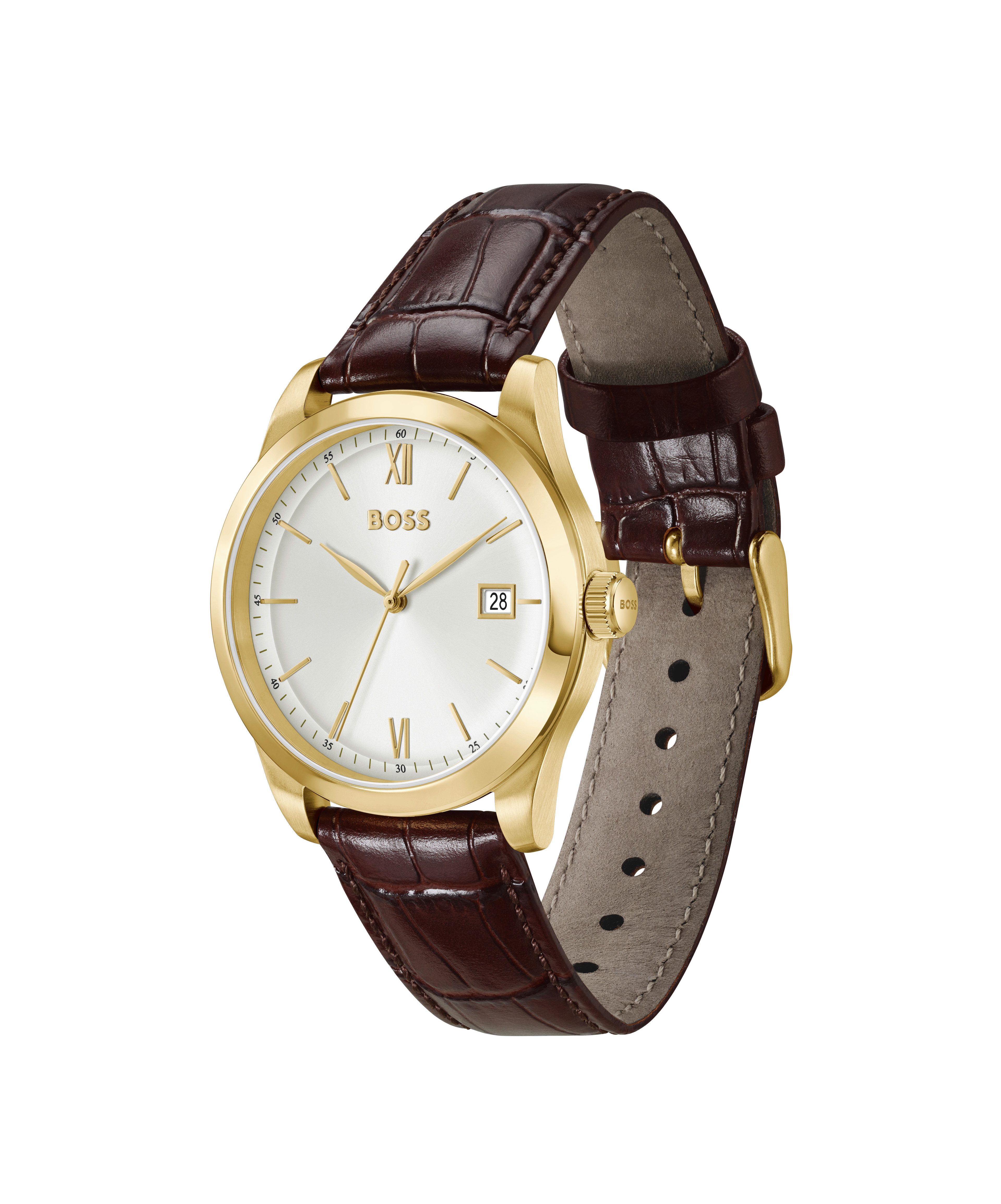 BOSS Quarzuhr LANGFORD 1514357, Armbanduhr, Damenuhr, Herrenuhr, Lederarmband, analog, Tag