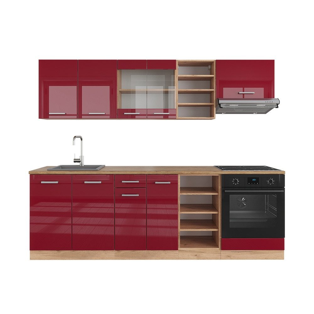 Vicco Küchenzeile R-Line, Rot Hochglanz/Goldkraft Eiche/Goldkraft Eiche, 240 cm ohne ...
