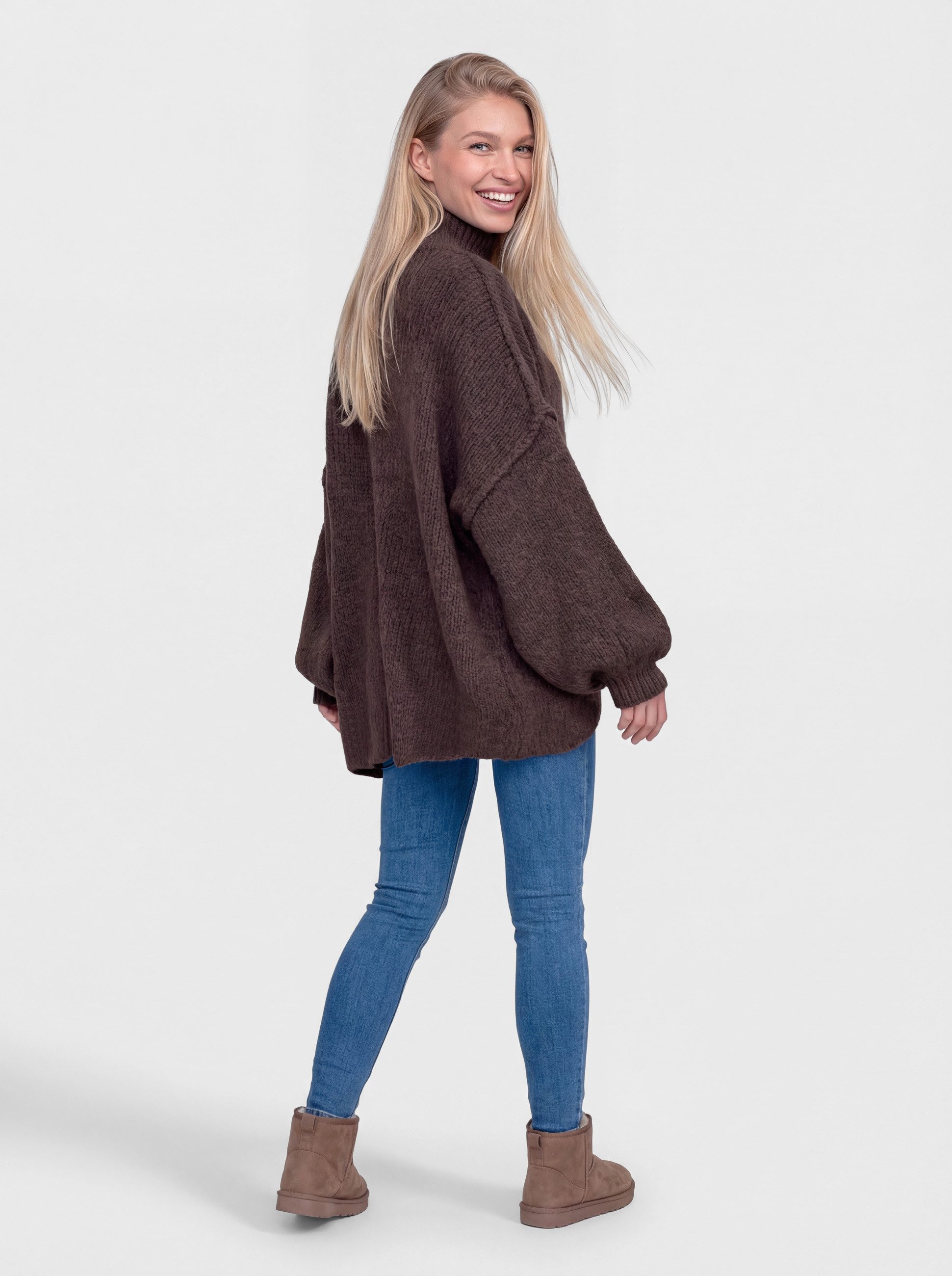 PEKIVESSA Strickpullover Ultra-Oversized Grobstrick-Pullover mit Ziernähten an den Ballonärmeln