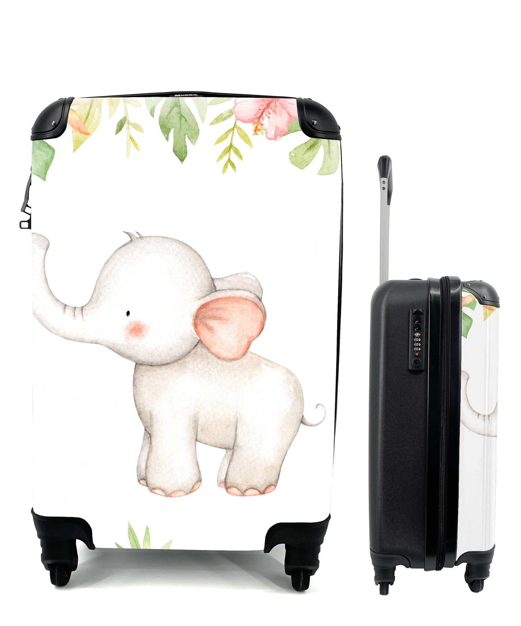 Elefant rollen, Ferien, Aquarell, - - Blumen Handgepäckkoffer Trolley, Handgepäck 4 Reisetasche für mit Rollen, Reisekoffer MuchoWow