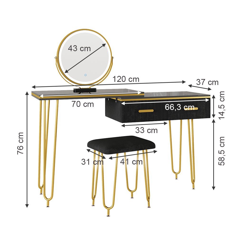 Hocker Vicco Hochglanz LED Schwarz mit Schminktisch ZOEY Frisiertisch und