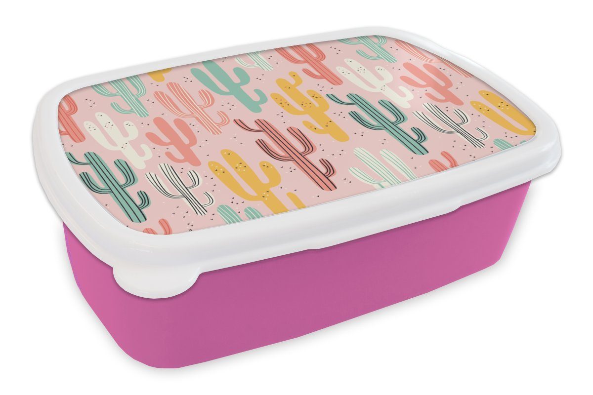 MuchoWow Lunchbox Kaktus - Muster - Rosa, Kunststoff, (2-tlg), Brotbox für Erwachsene, Brotdose Kinder, Snackbox, Mädchen, Kunststoff