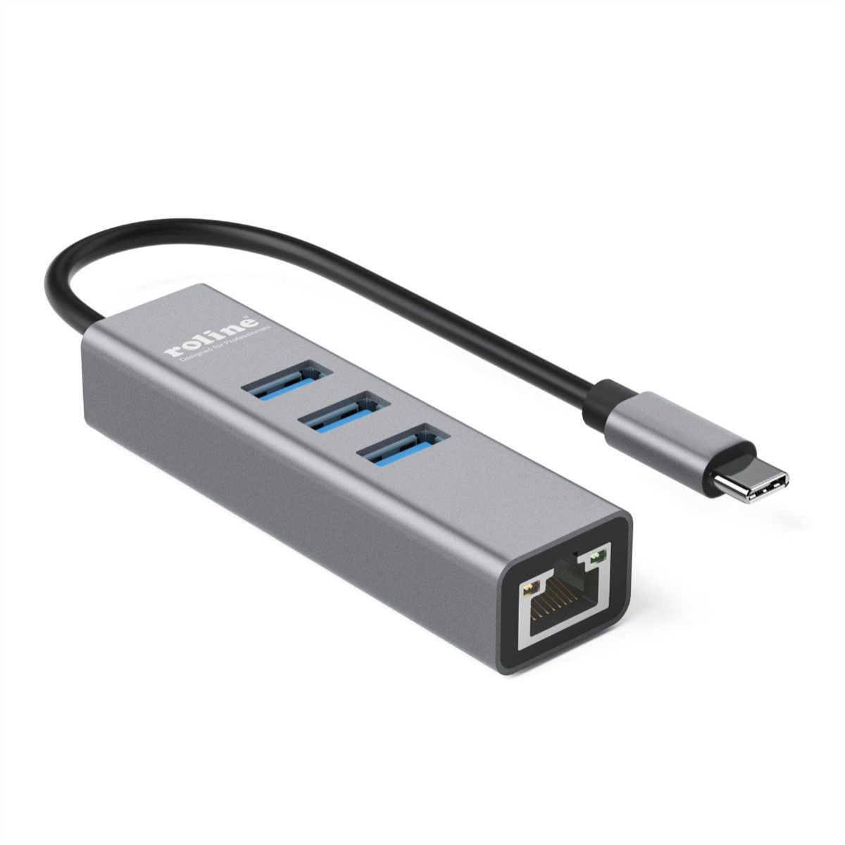 ROLINE USB Typ C zu Gigabit Ethernet Konverter + Hub 3x Computer-Adapter USB Typ C (USB-C) Männlich (Stecker) zu RJ-45 Weiblich (Buchse), 10.0 cm