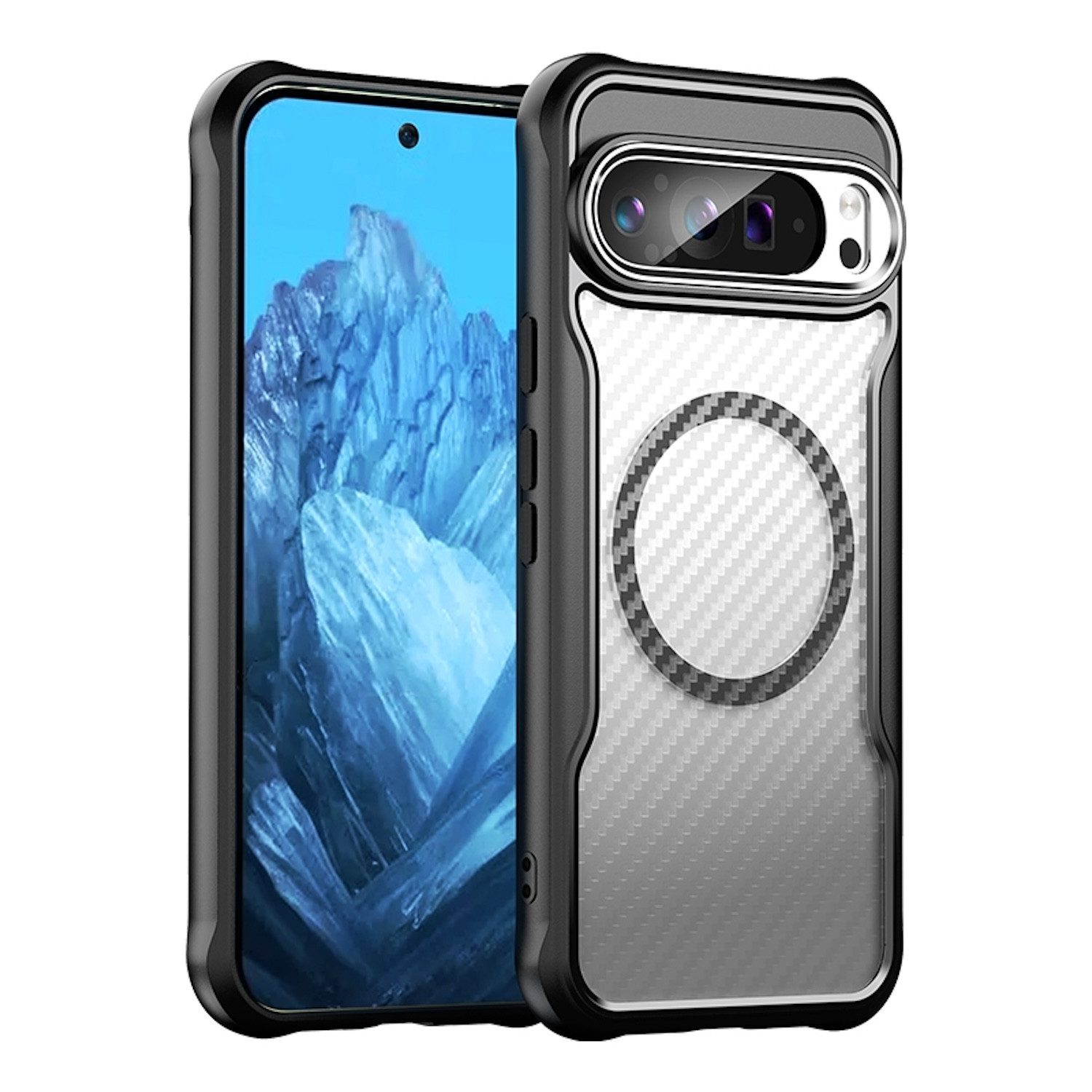 Wigento Handyhülle Für Google Pixel 9 Pro XL Design Carbon MagSafe Translucent Case Hülle, Kohlefasertextur MagSafe Schutzhülle