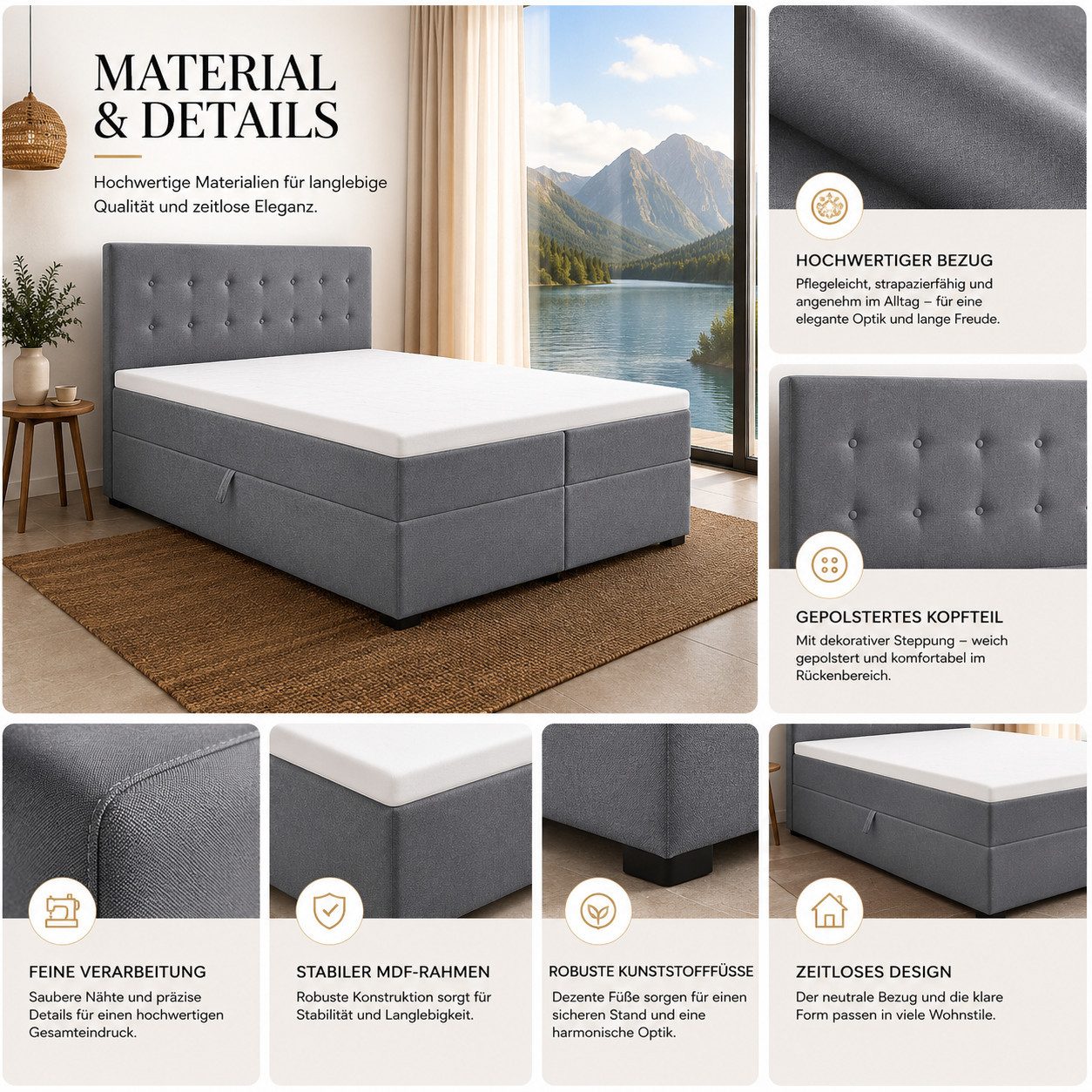 Best for Home Boxspringbett Polsterbett mit 7-Zonen-Taschenfederkernmatratze und Schubladen (Komplettset (Boxspringbett inkl. 2 Matratzen, Topper & Stauraum-Sch – Bild 5 von 5