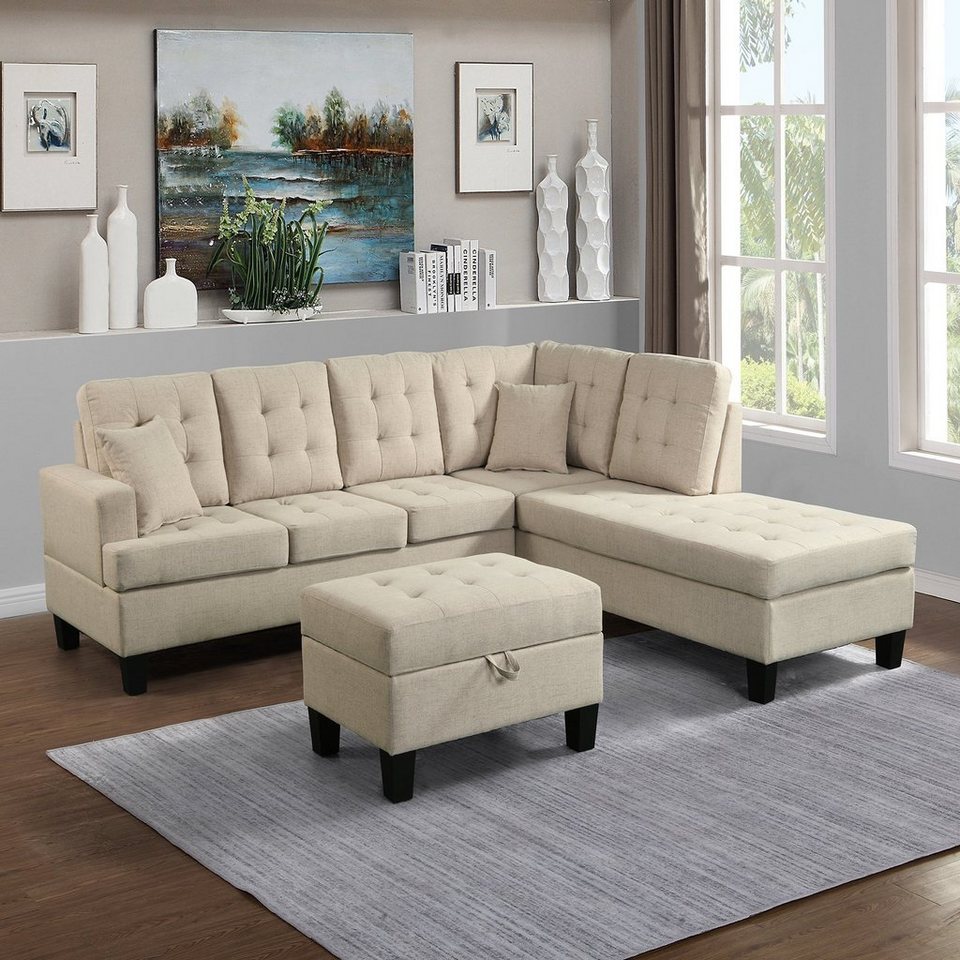 HOME DELUXE Sofa »Florenz«, L Form   Farbe Beige   20,20 cm x 20,20 cm x  200,20 cm   inkl. Hocker, Sofagarnitur, Sofa, Couch, Wohnlandschaft