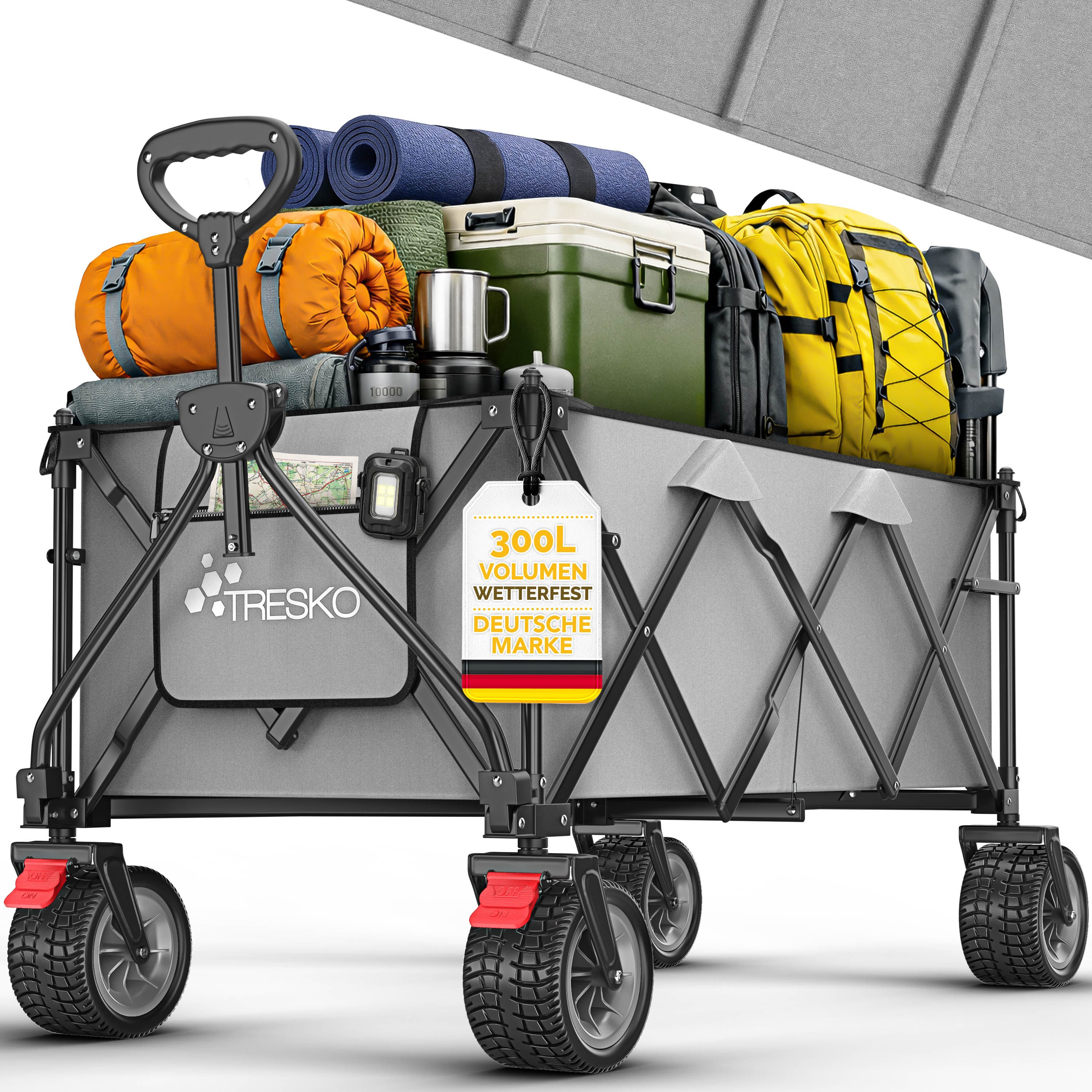 TRESKO Bollerwagen Bollerwagen faltbar 300L mit Bremse Handwagen klappbar 150kg (inkl. Vollgummireifen Faltbarer Strandwagen mit Extra Breite All-Terrain-Räder, Gartenwagen Transportwagen mit Tragetasche)
