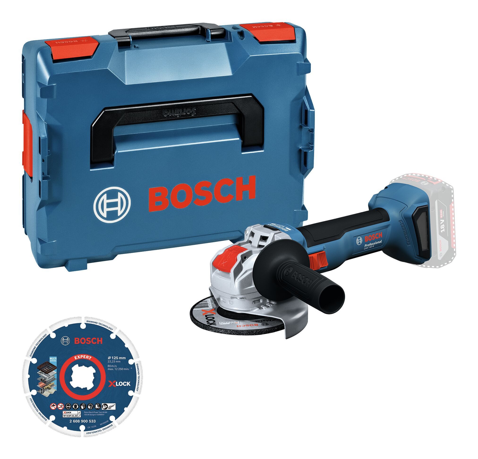 BOSCH Akku-Winkelschleifer GWX 18V-8, Ohne Akku mit Diamanttrennscheibe - in L-BOXX 136