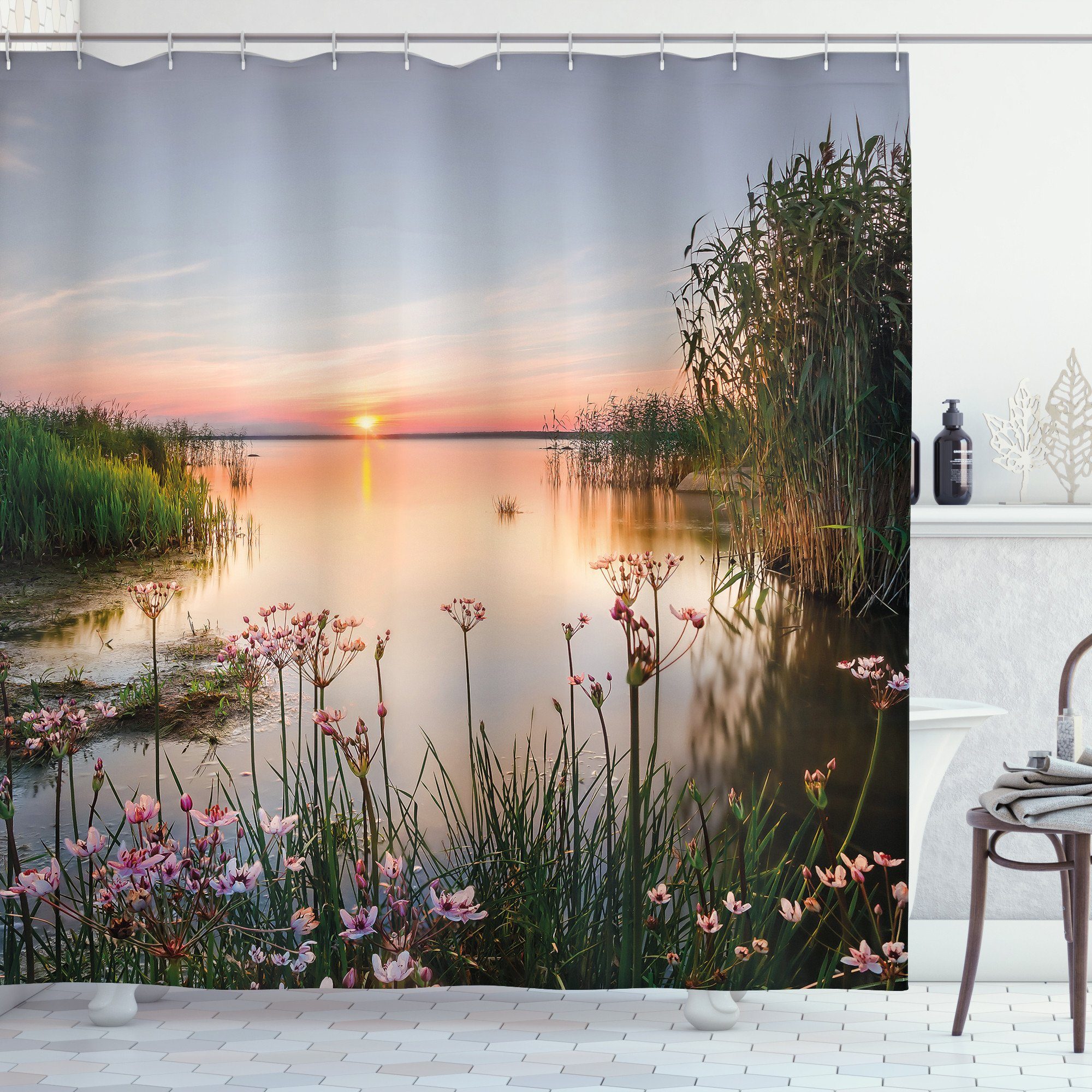 Abakuhaus Duschvorhang Moderner Digitaldruck mit 12 Haken auf Stoff Wasser  Resistent Breite 175 cm, Höhe 180 cm, Natur Sonnenuntergang am See Chudskoy