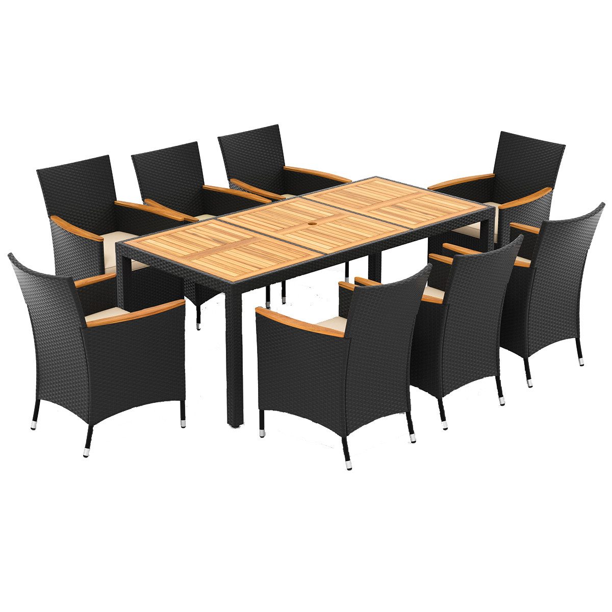 COSTWAY Garten-Essgruppe, (9-tlg), Rattan, Akazienholz, für 8 Personen, mit Kissen