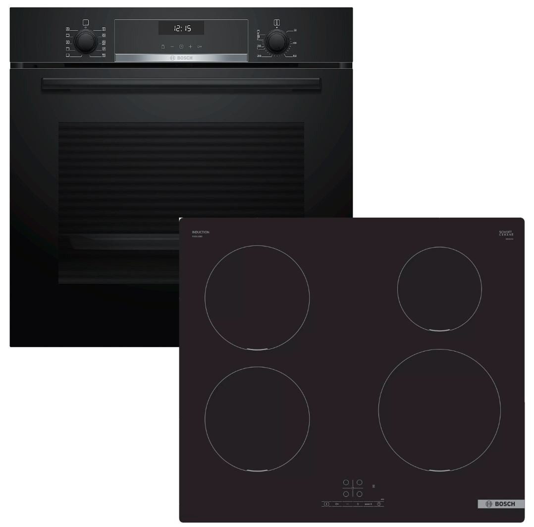 BOSCH Backofen-Set EcoClean Teleskopauszug + Induktionskochfeld PowerBooster autark 60 cm