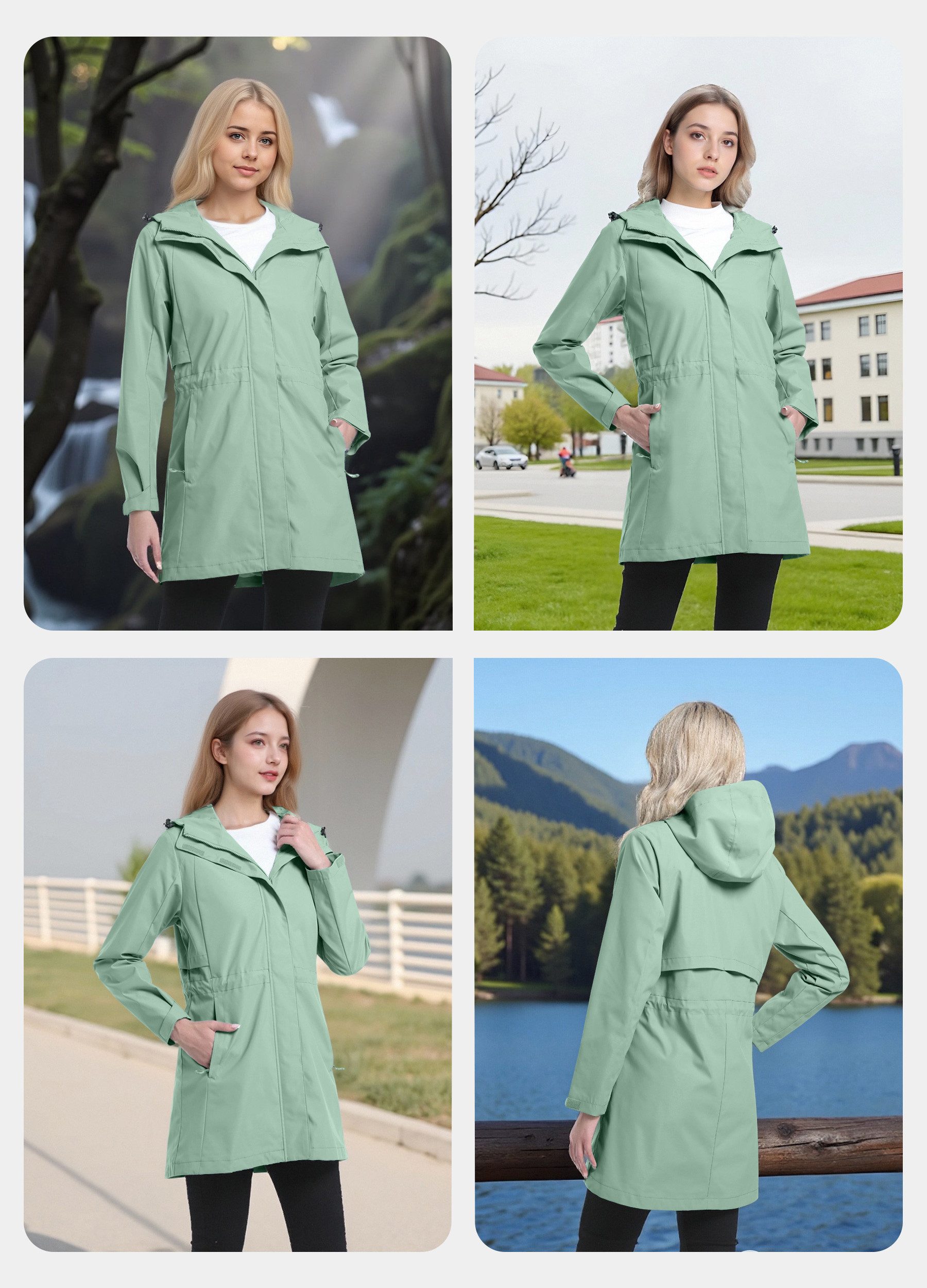 ATLASLAVA Regenjacke Damen Lang Softshelljacke Regenmantel (1-St) Frauen Trenchcoat Windbreaker Leichte Übergangsjacke Mantel – Bild 4 von 5