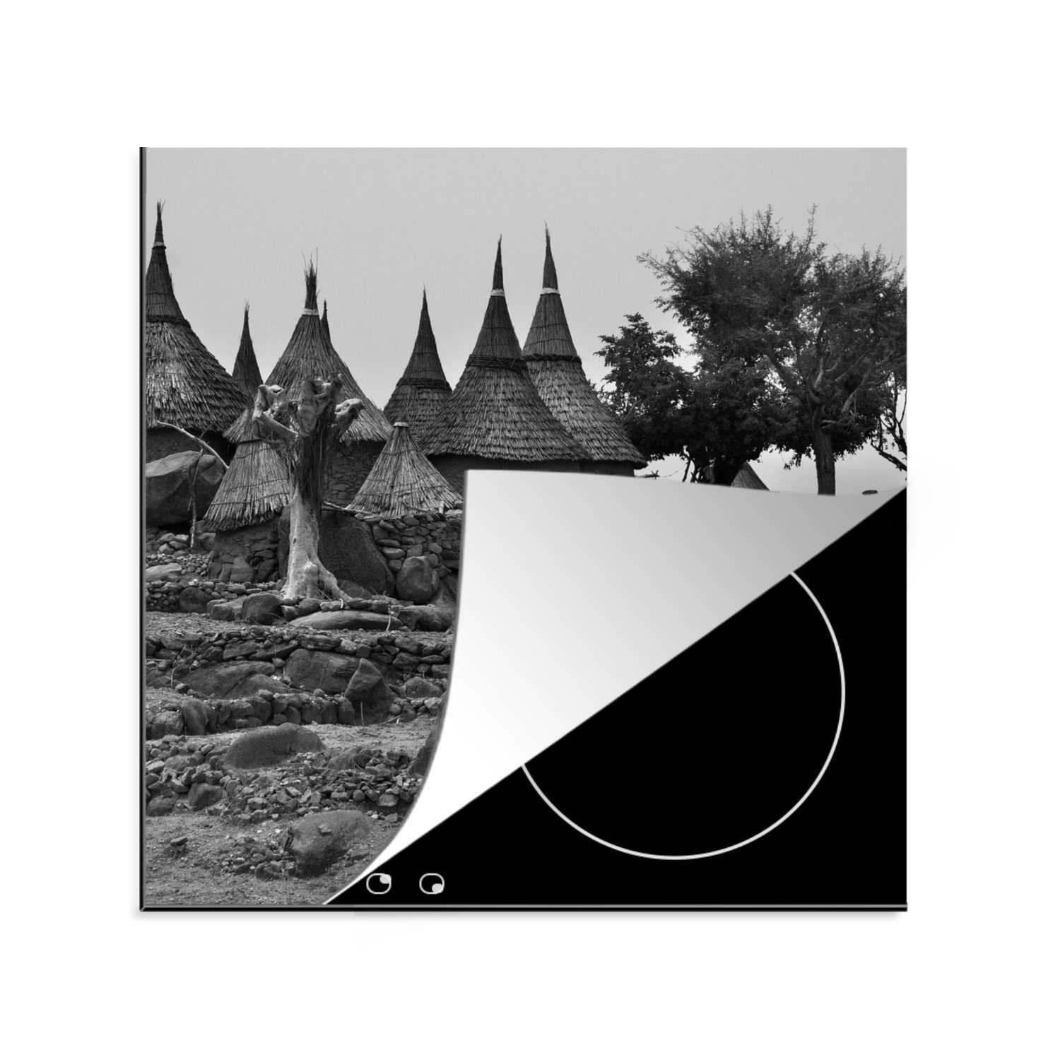MuchoWow Herdblende-/Abdeckplatte Traditionelle Häuser tlg), - für und Vinyl, weiß, (1 schwarz 78x78 küche Arbeitsplatte Ceranfeldabdeckung, cm