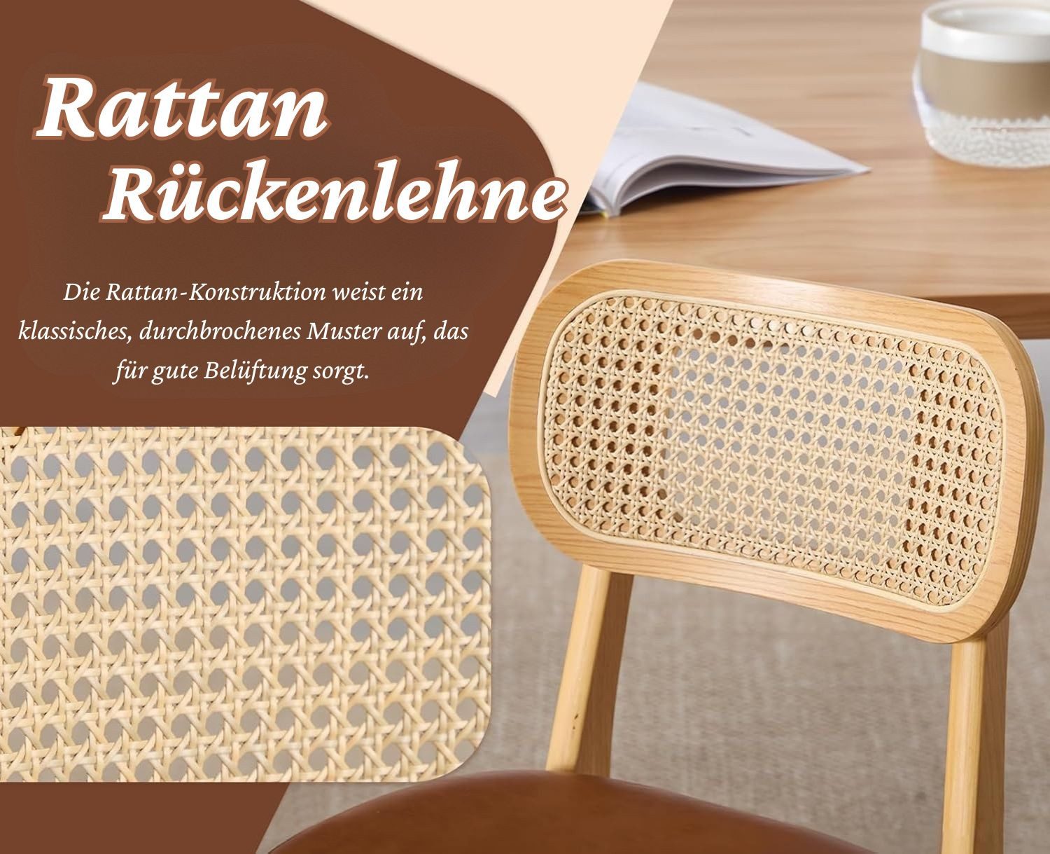 WAHSON OFFICE CHAIRS Esszimmerstuhl Rattansessel 2/4er Set, Küchenstuhl – Bild 5 von 5
