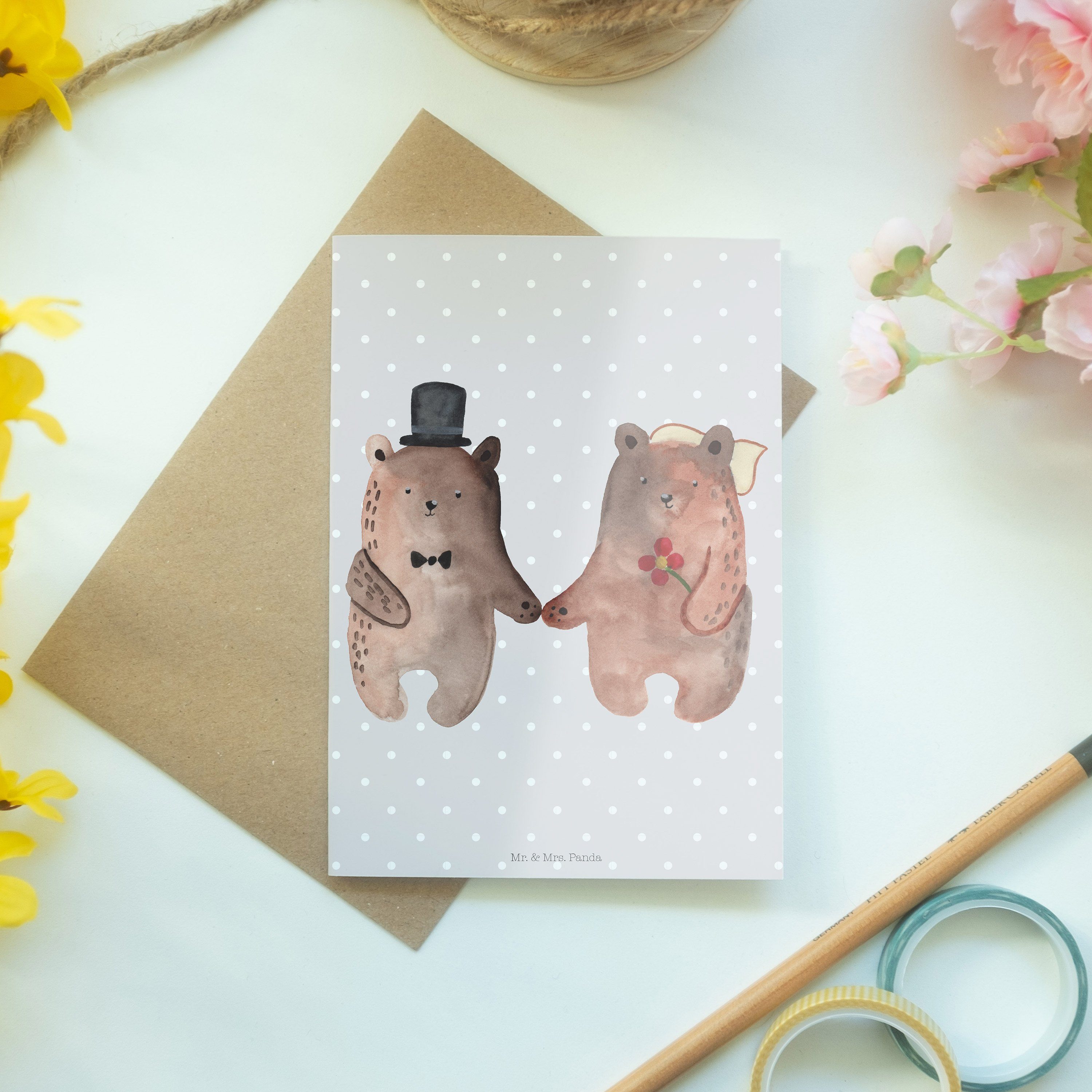 Einladungskarte, Bär - & Grußkarte Pastell Mr. - Geschenk, Grau Mrs. Teddy, Geburts Panda Heirat