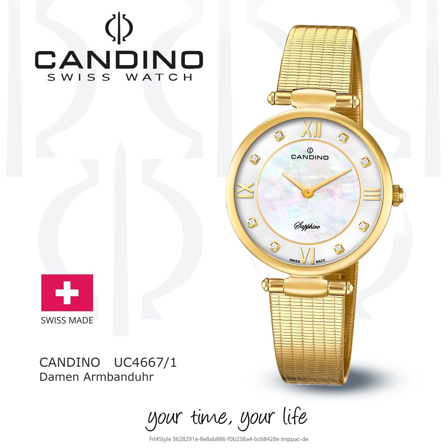 Damen Candino gold, Armbanduhr rund, Damen Edelstahlarmband Quarzuhr Candino Fashion C4667/1, Quarzwerk Uhr