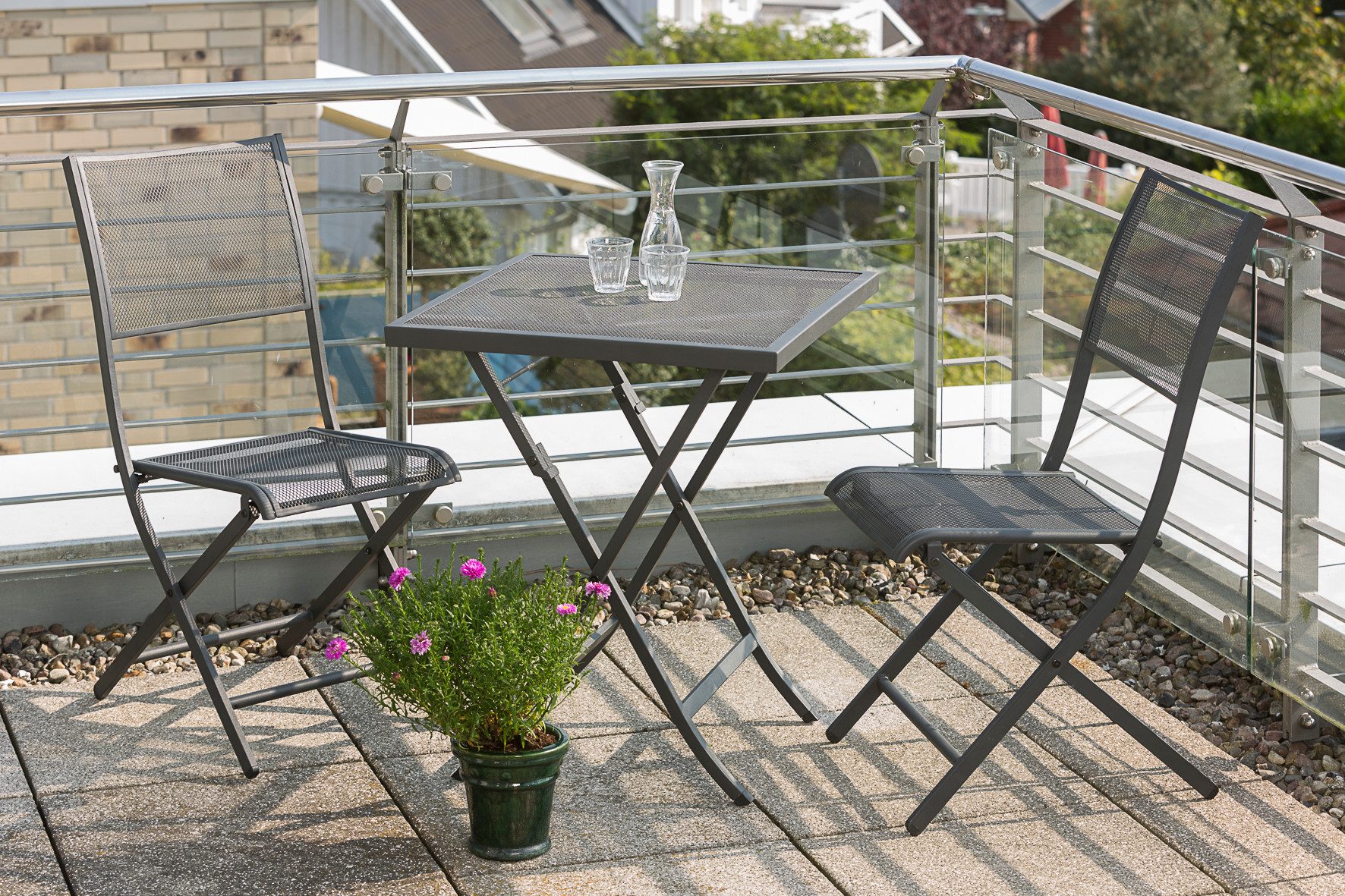 MERXX Garten-Essgruppe »Samos«, (Set, 3-tlg., Pulverbeschichtetes Stahlgestell), Tisch klappbar: LxB: 60x60 cm