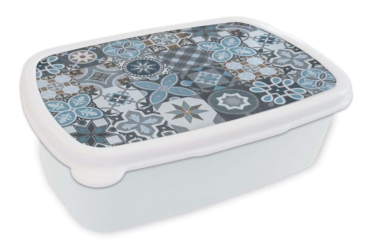 MuchoWow Lunchbox Design - Blume - Blau - Figuren, Kunststoff, (2-tlg), Brotbox für Kinder und Erwachsene, Brotdose, für Jungs und Mädchen weiß