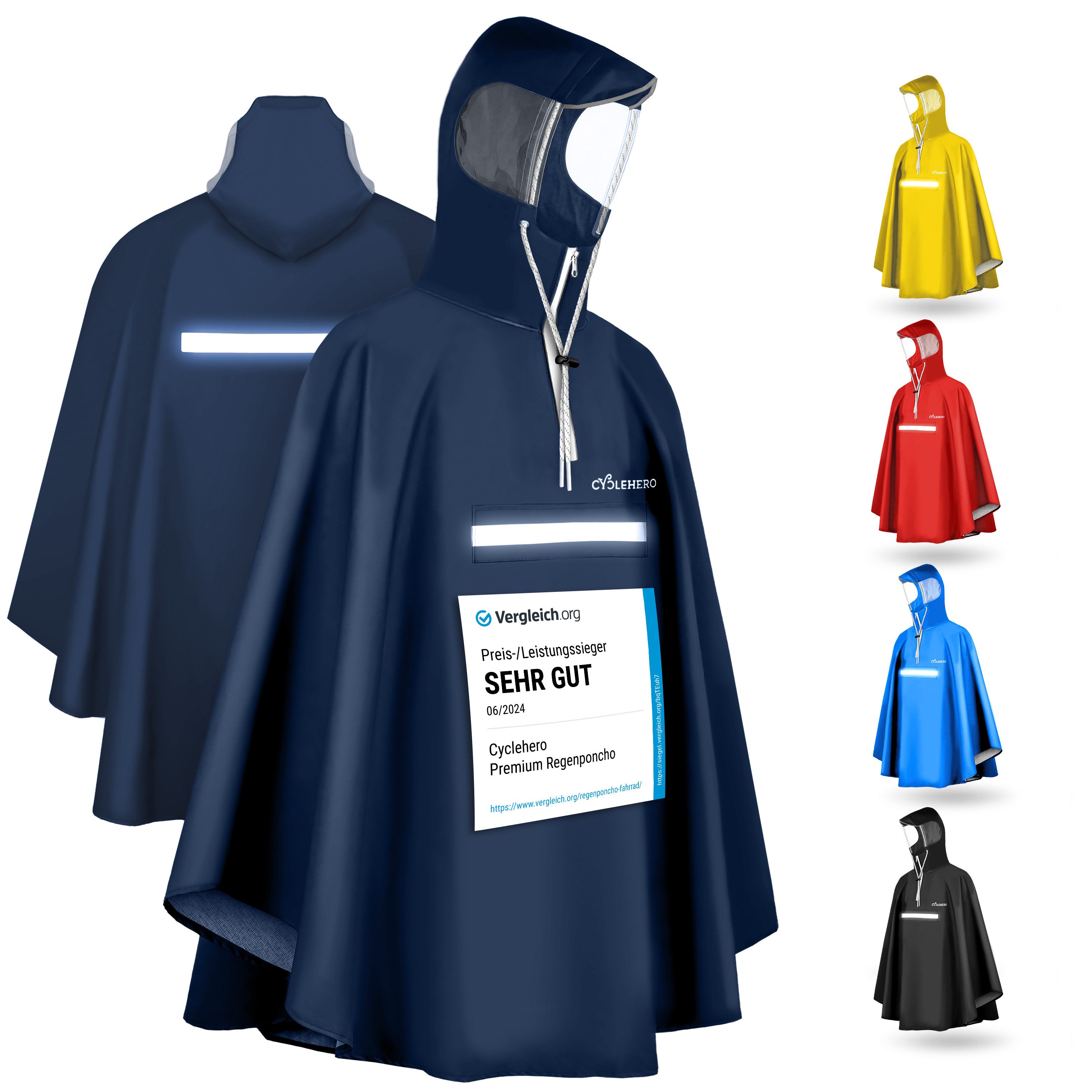 CYCLEHERO Regenponcho Fahrrad mit Reflektoren, wasserdicht, Dunkelblau, XL, Unisex (Einzelartikel, 1-St., XL)