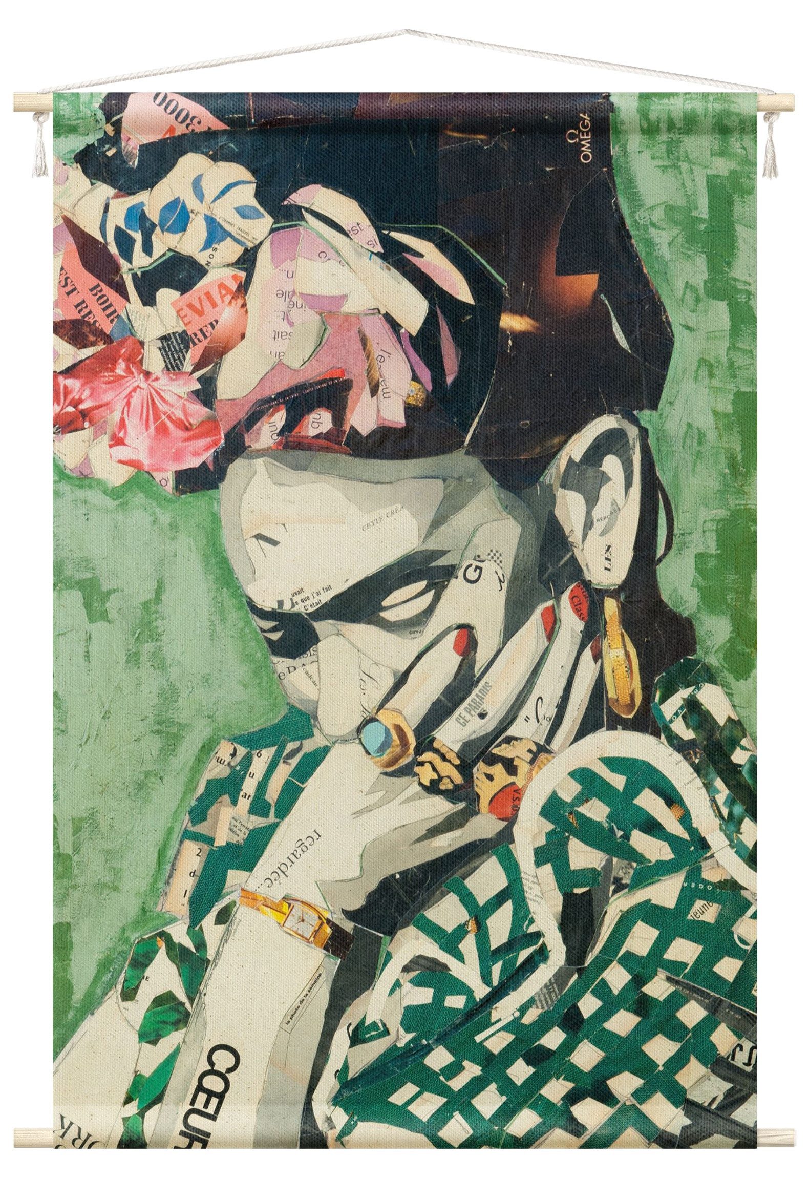 Bilderdepot24 Wandteppich modern Frida Kahlo Kunst grün, rechteckig, Höhe: 2.6 mm, großes Wandbild aus Natur-Baumwolle Wandbehang Stoffbild Tuch Wollseil