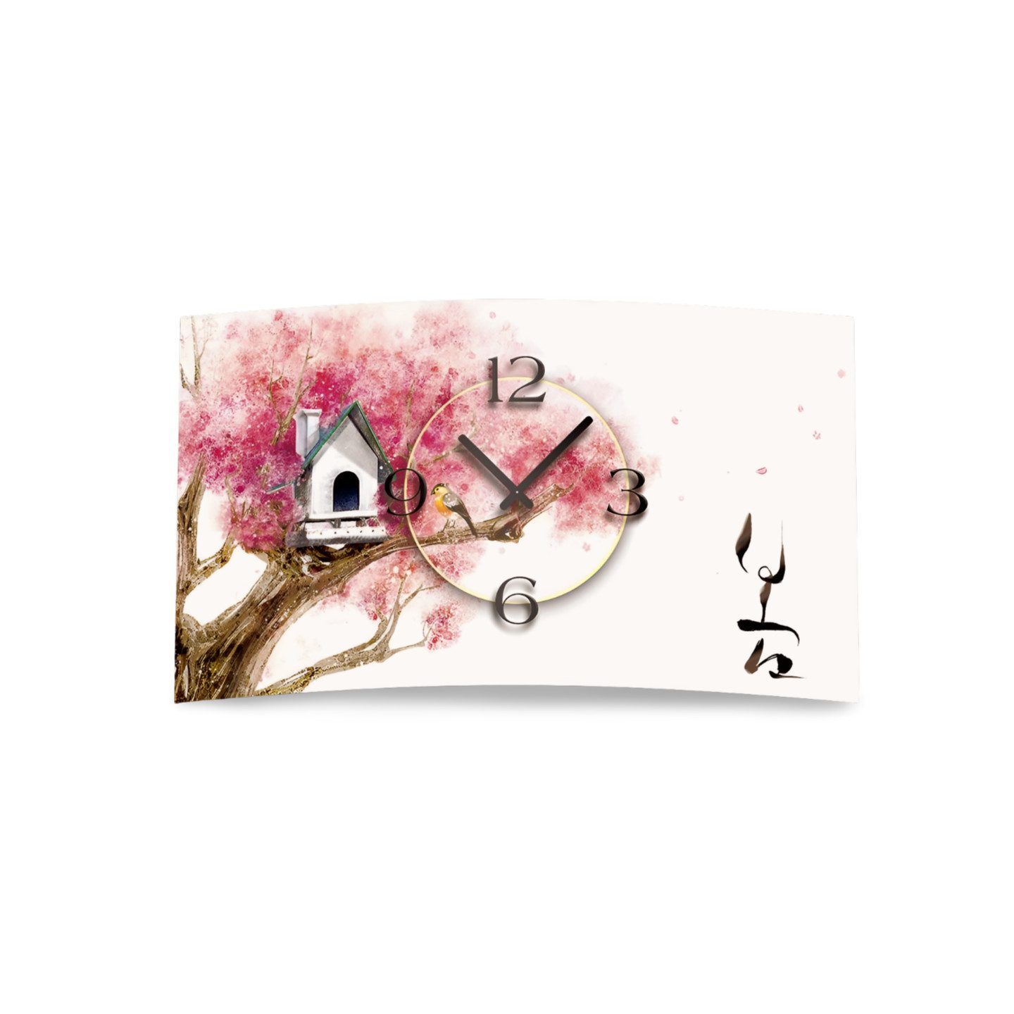 dixtime Wanduhr Asia Kirschblüte Vogelhäuschen Designer Wanduhr (Einzigartige 3D-Optik aus 4mm Alu-Dibond)