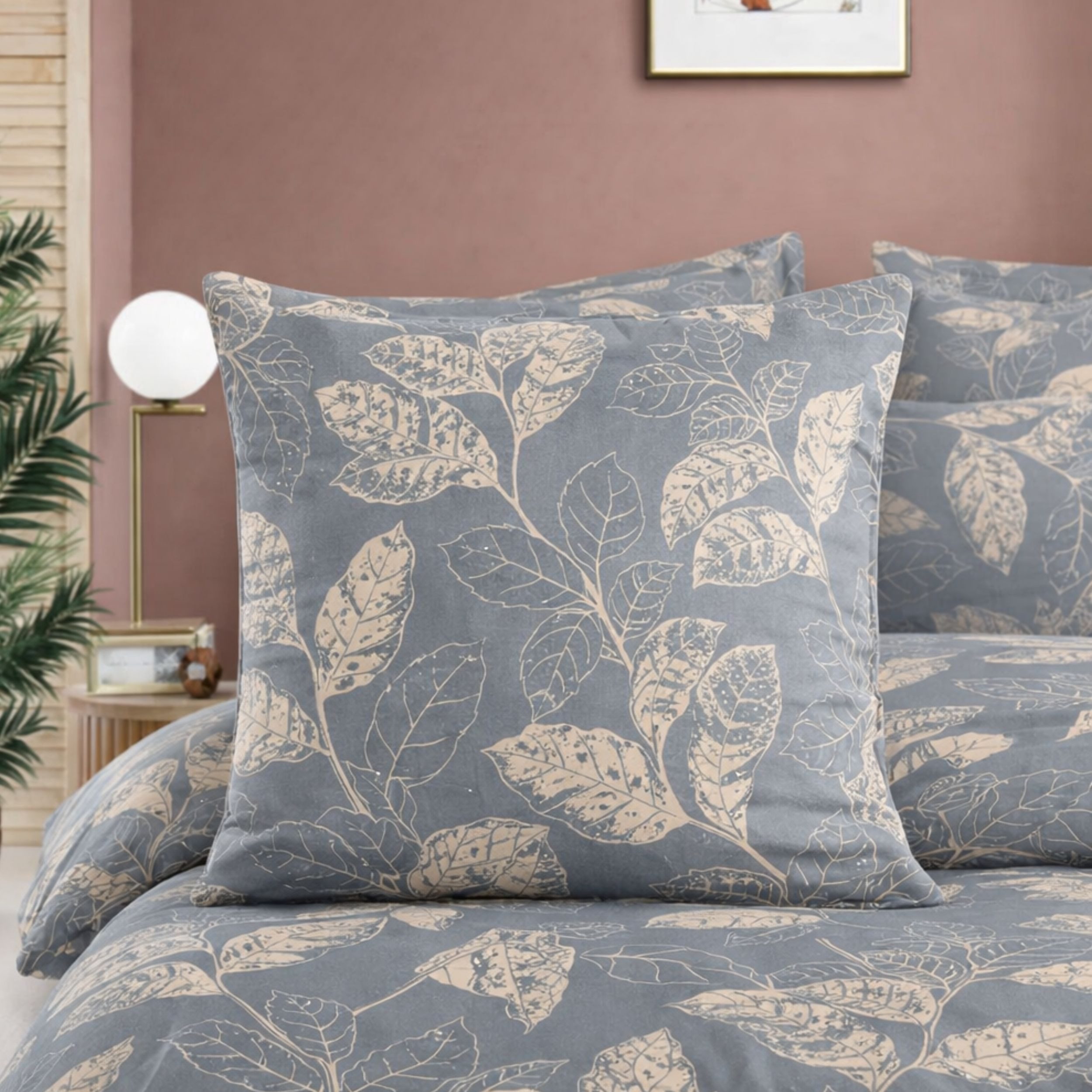 ZIRVEHOME Bettwäsche Baumwolle Bettbezug Graublau Beige Elegantes Blattmust günstig online kaufen