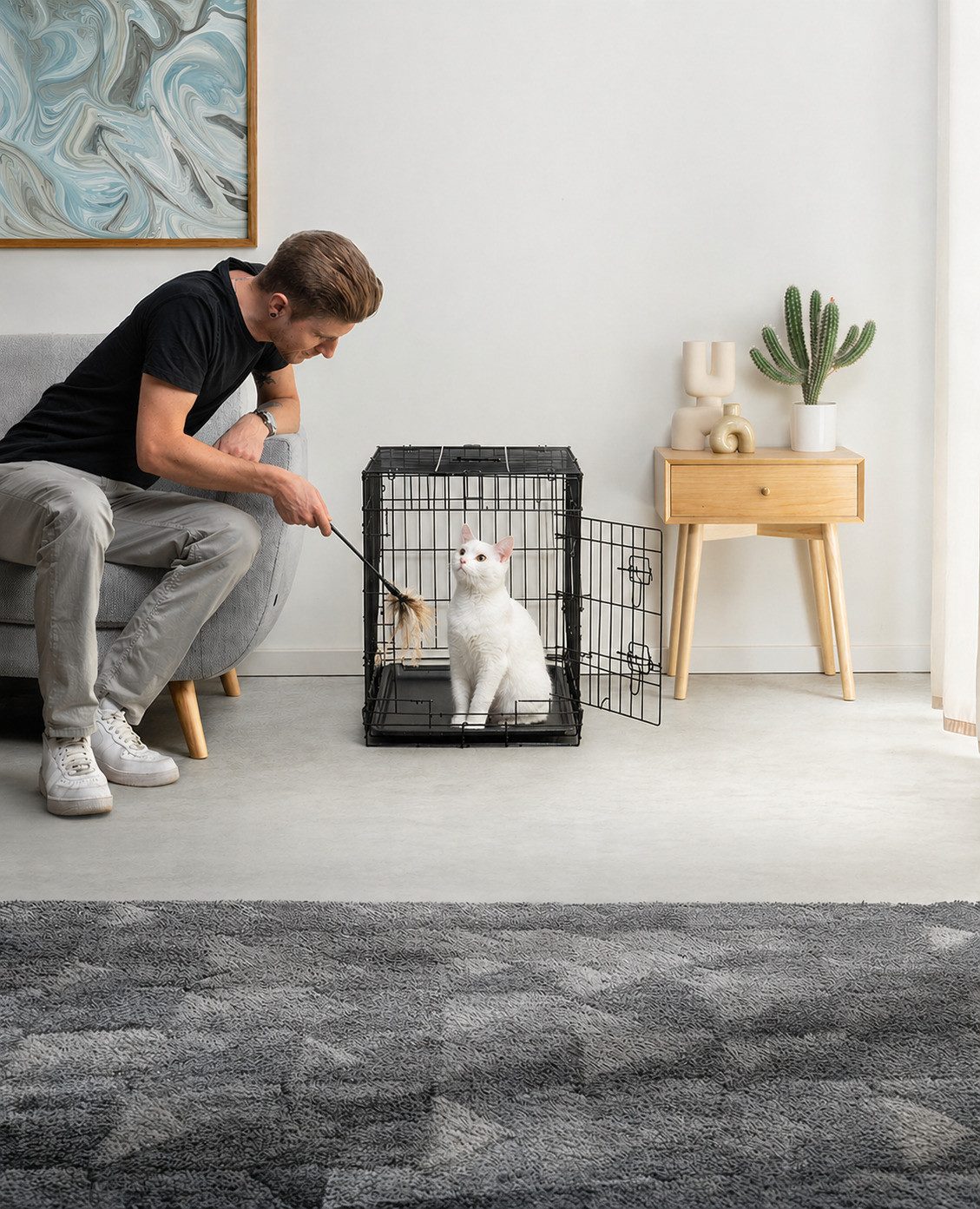 lionto Tiertransportbox für Katzen, stabil aus Metall mit Kunststoffbodenwanne, 76x49x56 cm, hygienisch mit Trennwand & Sicherheitsverriegelung