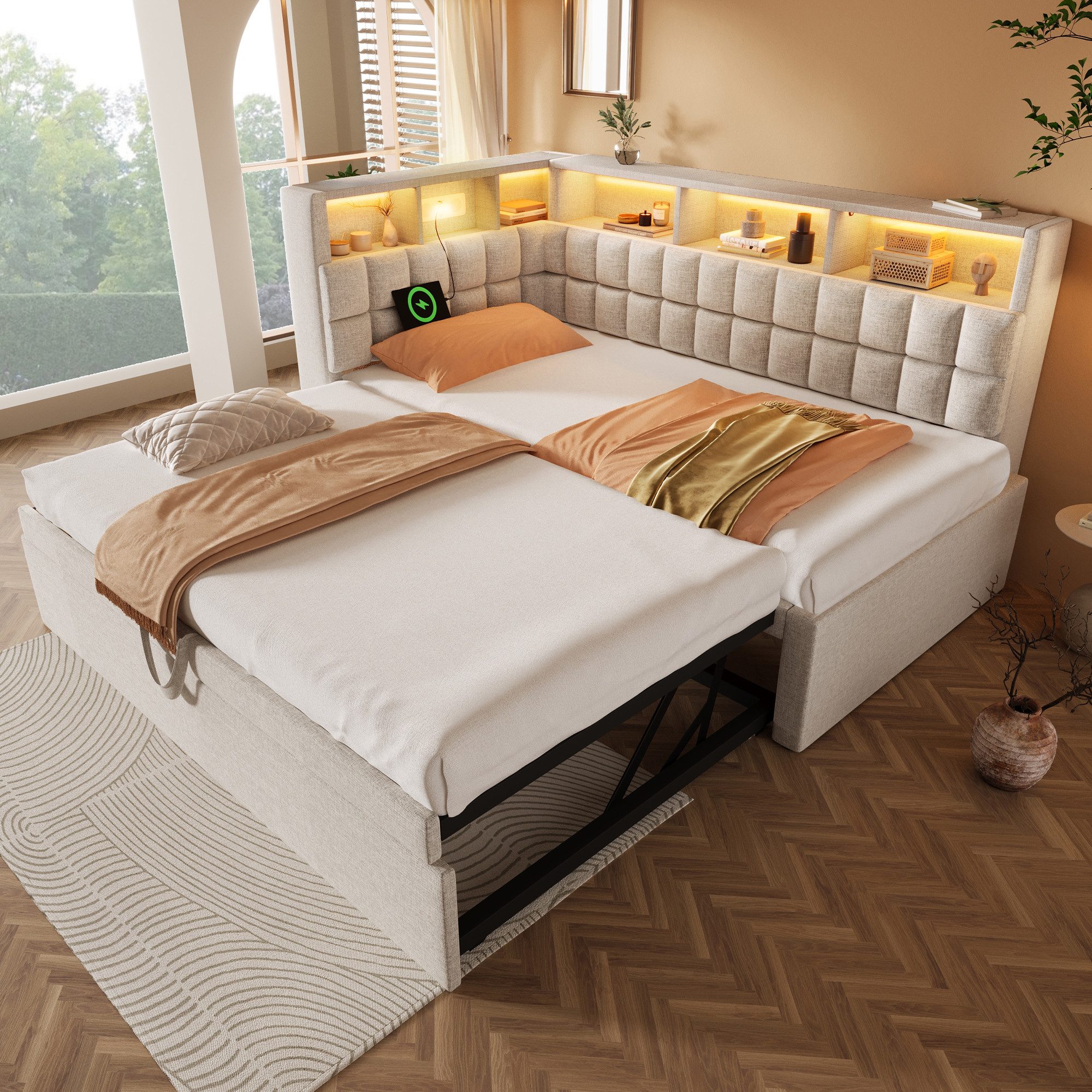 Odikalo Schlafsofa Schlafcouch Tagesbett 90x200 mit LED, Leinen Polsterbett 90x200 mit Ausziehbett 90x190, LED, Bluetooth-Lautsprecher, USB & Type-C Ladeanschluss, L-Kopfteil mit Stauraumregal, Schlafsofa/Gästebett, Beige / Grau, ohne Matratze