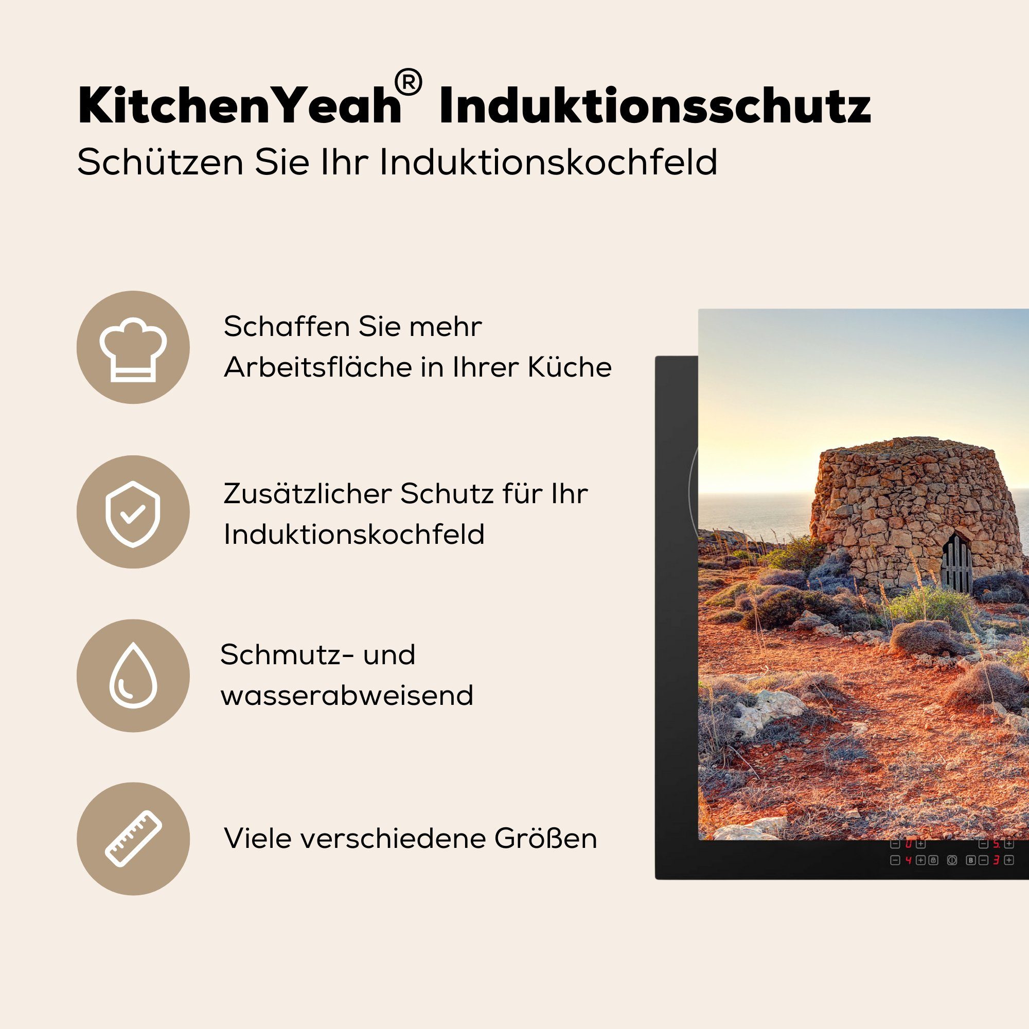 Ceranfeldabdeckung für Landschaft Herdblende-/Abdeckplatte Schutz cm, (1 Vinyl, küche, tlg), der MuchoWow 81x52 Insel Gozo in Induktionskochfeld Malta, die