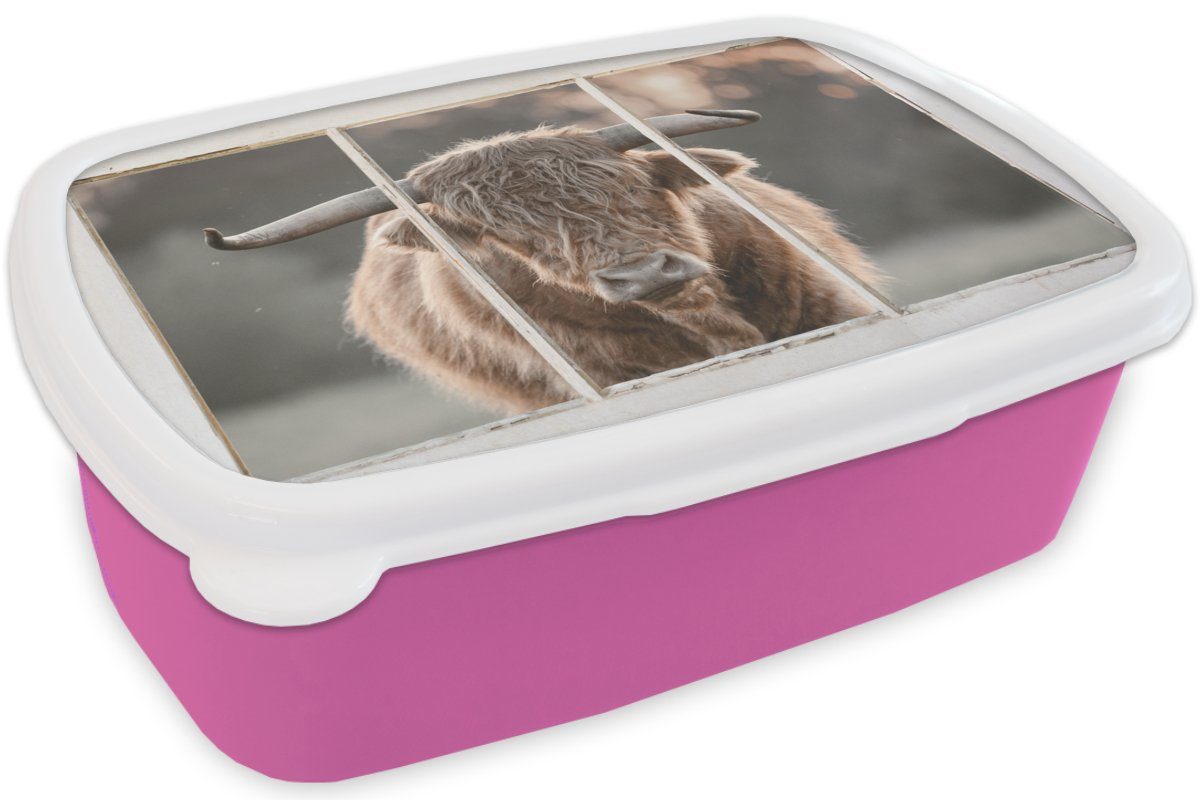 Ansicht - Snackbox, Brotbox Erwachsene, für - Kunststoff, Kinder, rosa Scottish Highlander Lunchbox Mädchen, Kunststoff Brotdose Hörner, (2-tlg), MuchoWow