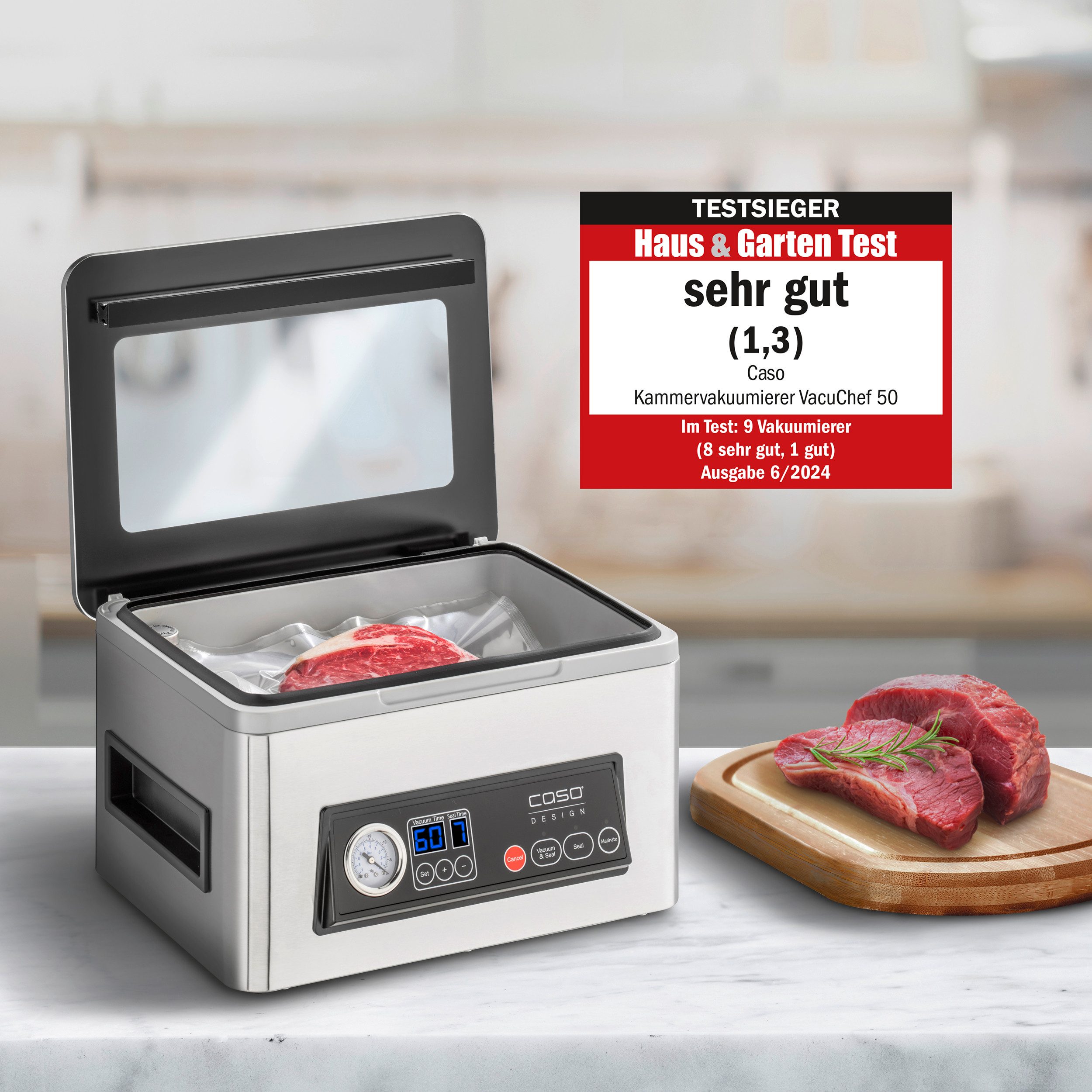 Caso Vakuumierer VacuChef 50, 300W, Doppelte Schweißnaht, Manometer, 4-Kolben‐Vakuumpumpe