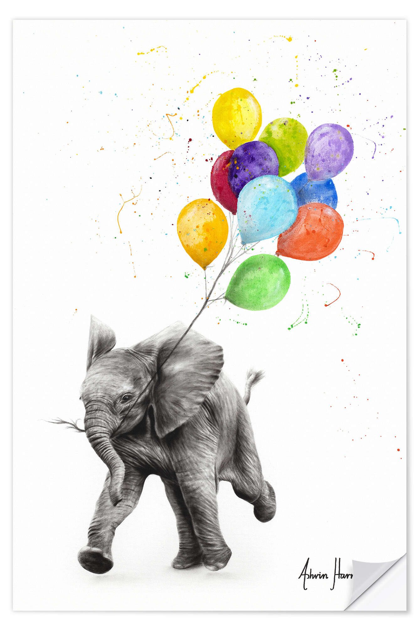 Posterlounge Wandfolie Ashvin Harrison, Baby Elefant mit Luftballons, Babyzimmer Malerei
