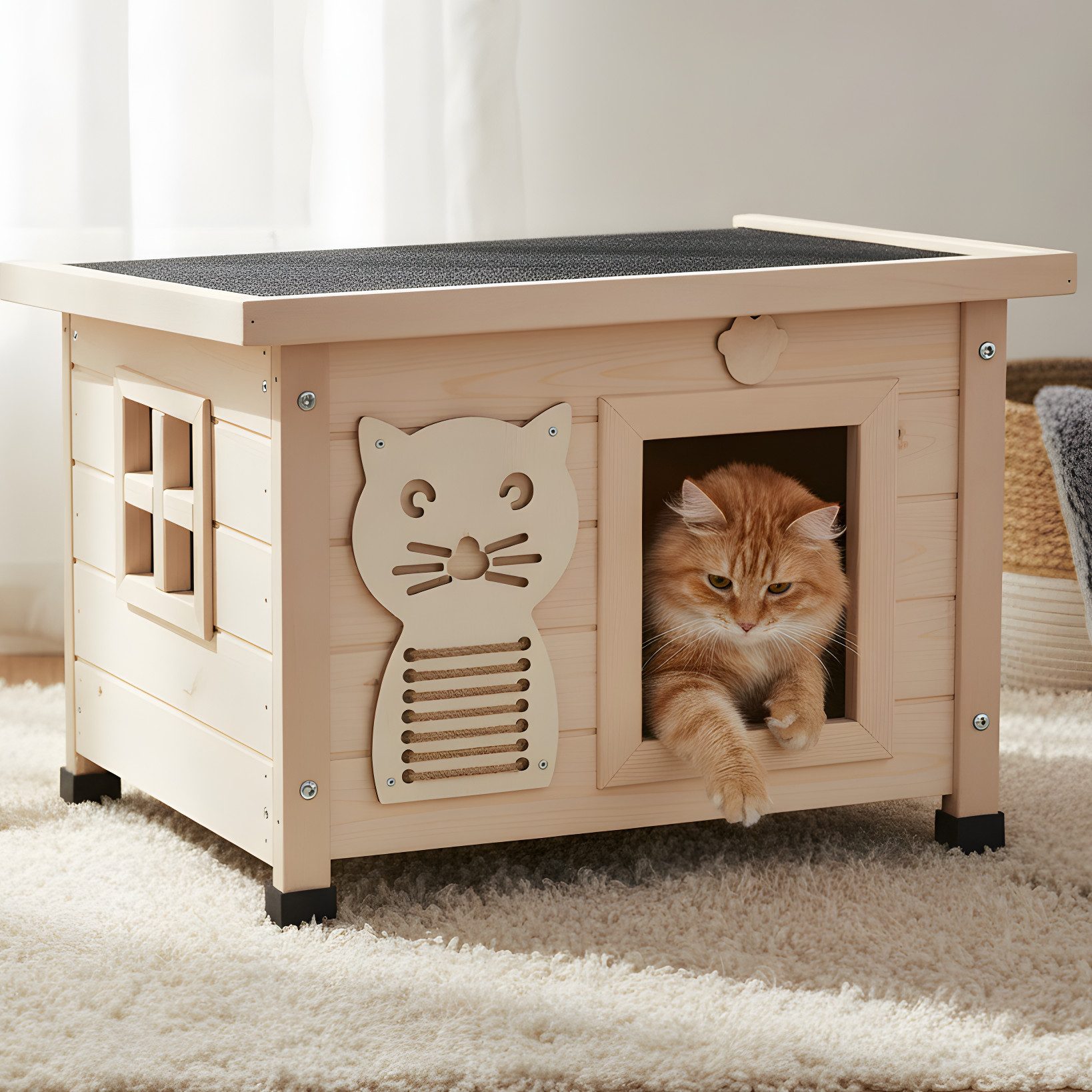 Zooprinz Tierhaus Katzenhaus Winterfest Indoor Outdoor mit Plüschmaus, Massivholz, klappbares Bitumendach, wetterfest, made in Europe