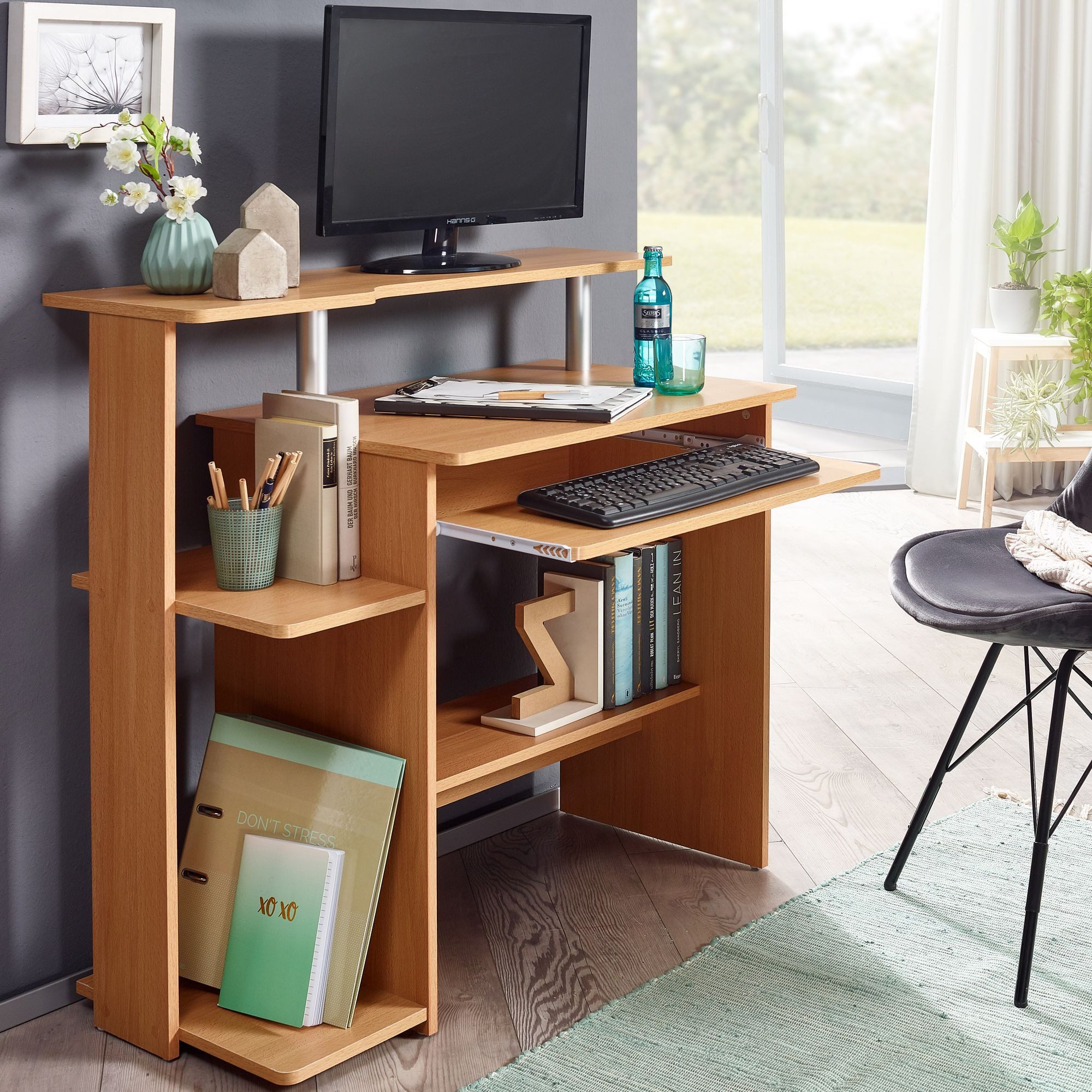 FINEBUY Schreibtisch SuVa1905_1 (Buche 94x90,5x48,5 cm günstig online kaufen