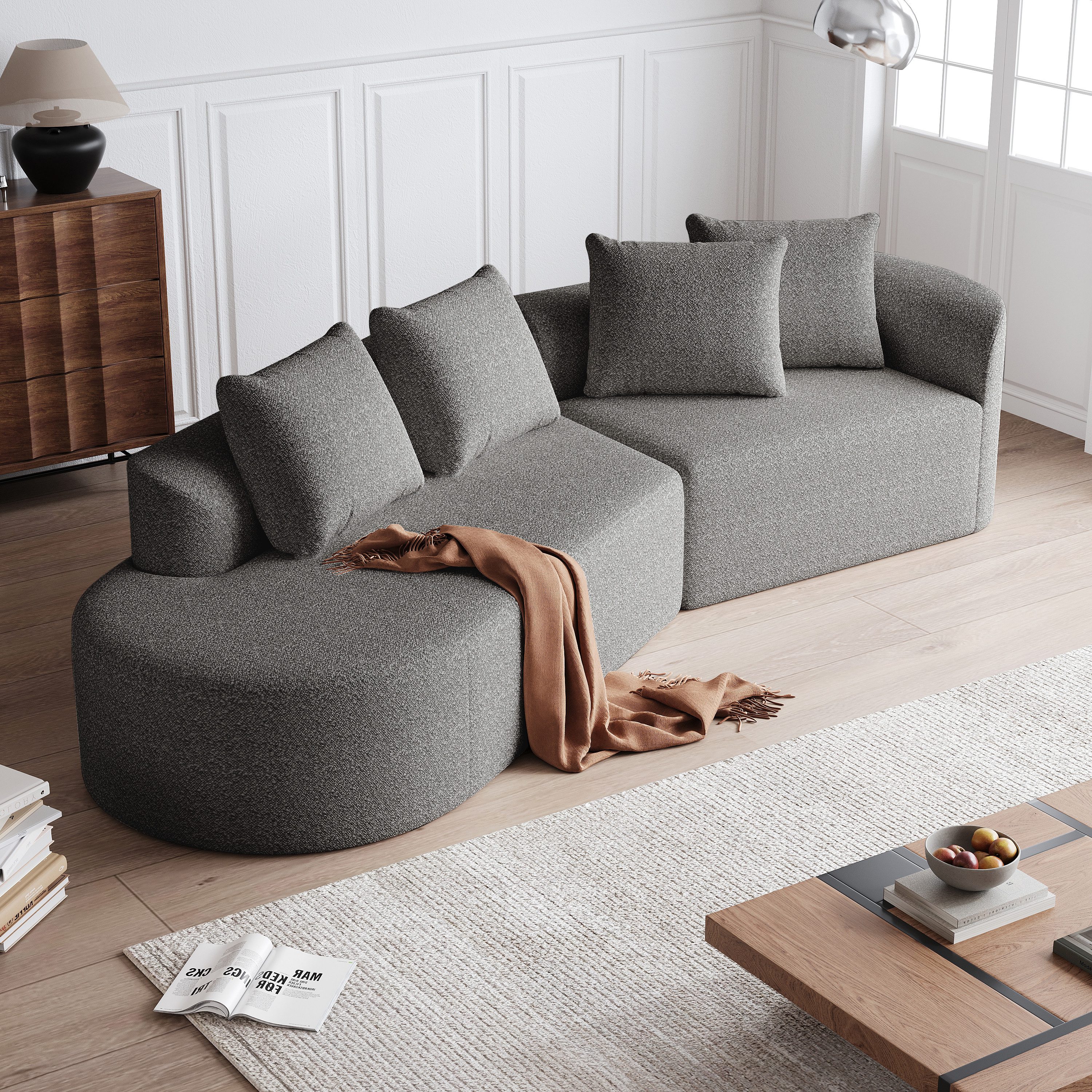 MODFU Ecksofa Bequemes Loungesofa für Wohnzimmer und Schlafzimmer, Modernes Chenille Sofa 4-Sitzer mit extratiefer Sitzfläche, geschwungene Eckcouch mit 4 Zierkissen 1 Teile, mit Relaxfunktion