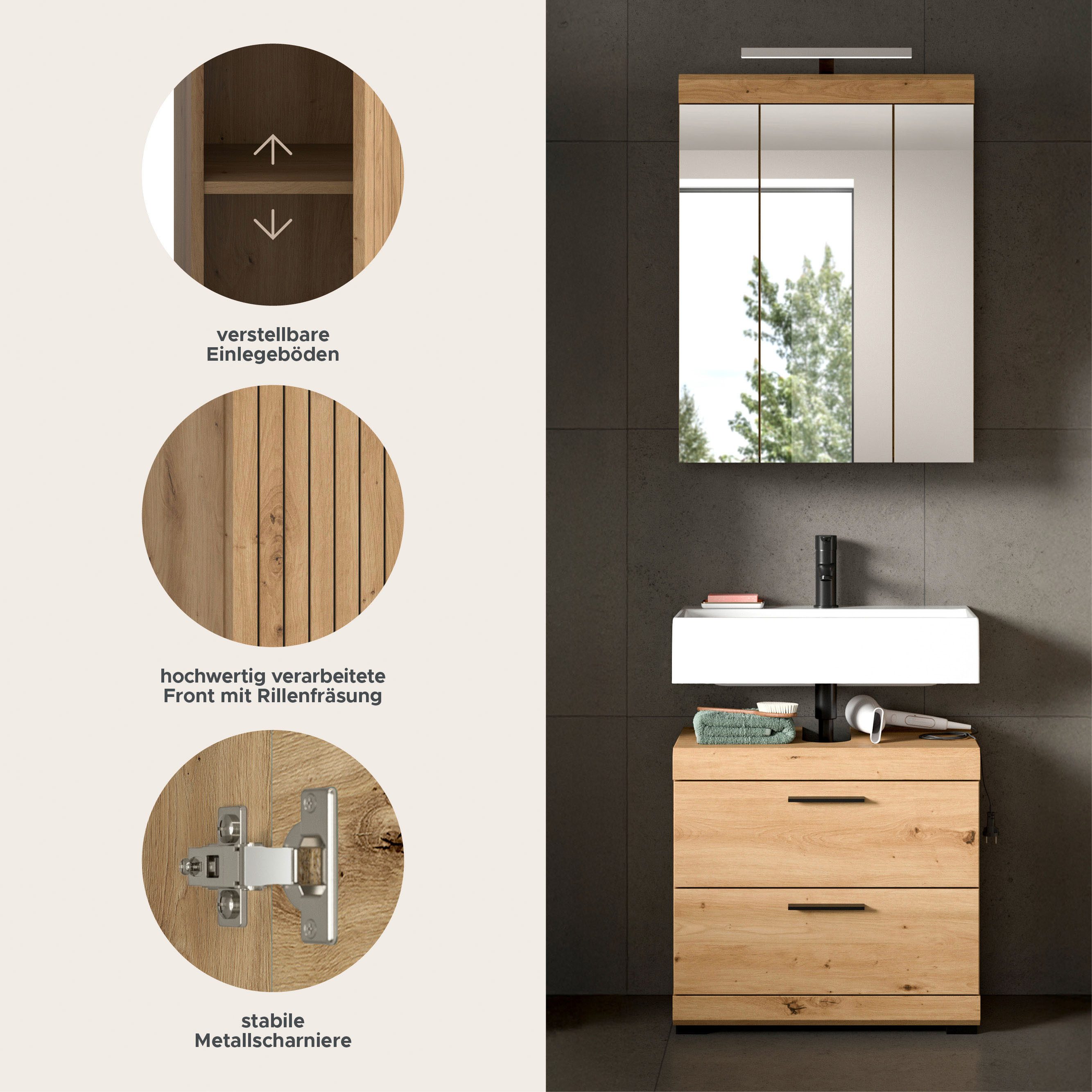 welltime Badmöbel-Set SIENA, 2 teilig, inklusive LED Beleuchtung, bestehend aus:, (Set, 2-St., TOPSELLER), Waschbeckenunterschrank, Spiegelschrank, LED Badaufsatzleuchte