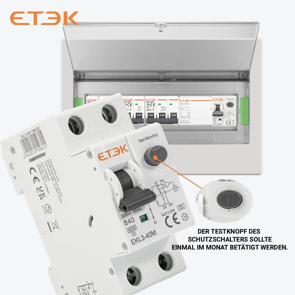 ETEK Electric Schalter ETEK FI-Schutzschalter/Leitungsschutzschalter 6kA 1P+N 40A 30mA EKL3, Auslösecharakteristik B, FI/LS (RCBO)