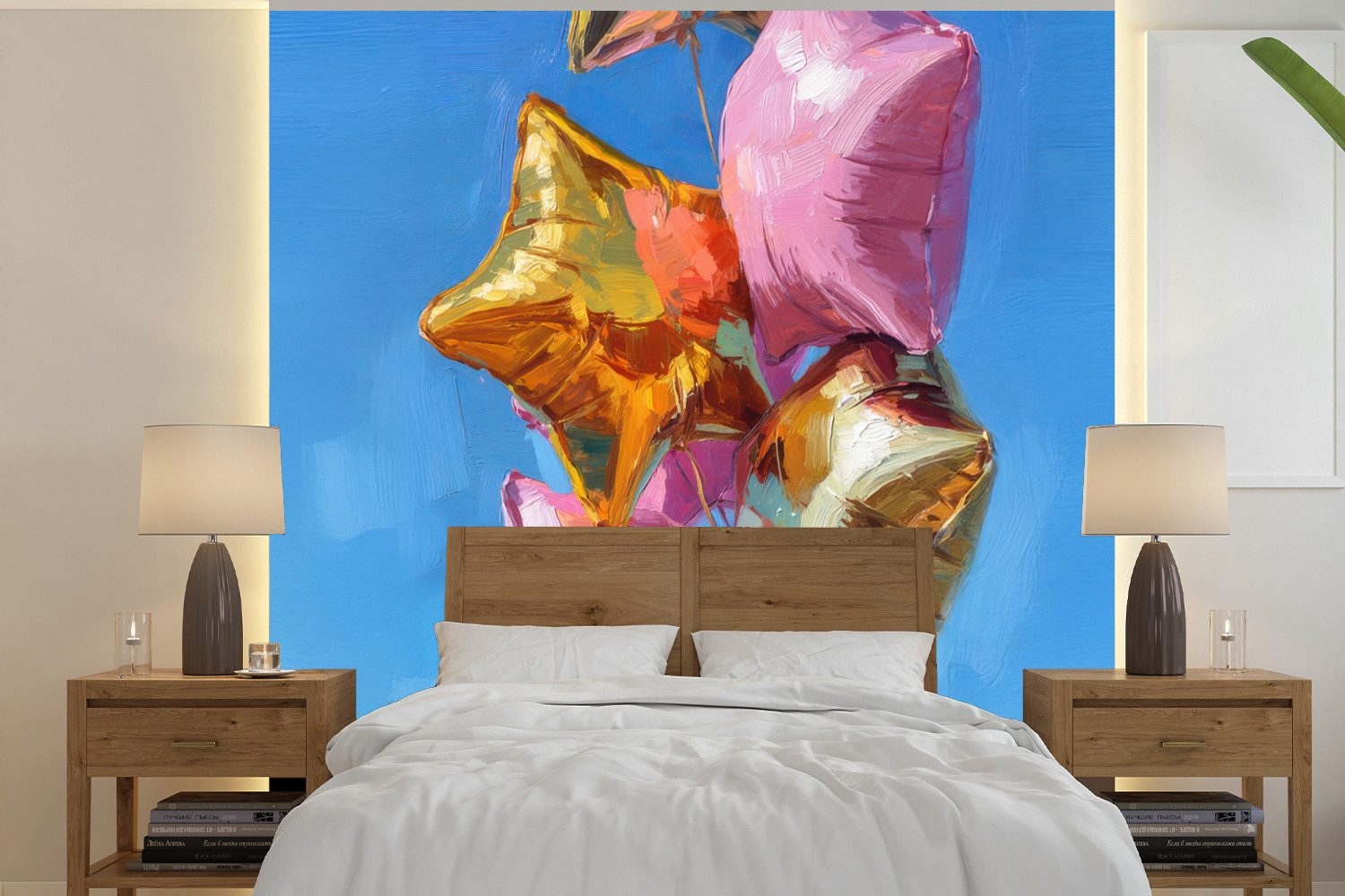 MuchoWow Fototapete Ballons - Gold - Sternförmig - Rosa, Matt, bedruckt, Vliestapete für Wohnzimmer Schlafzimmer Küche, Fototapete, 220x220 cm
