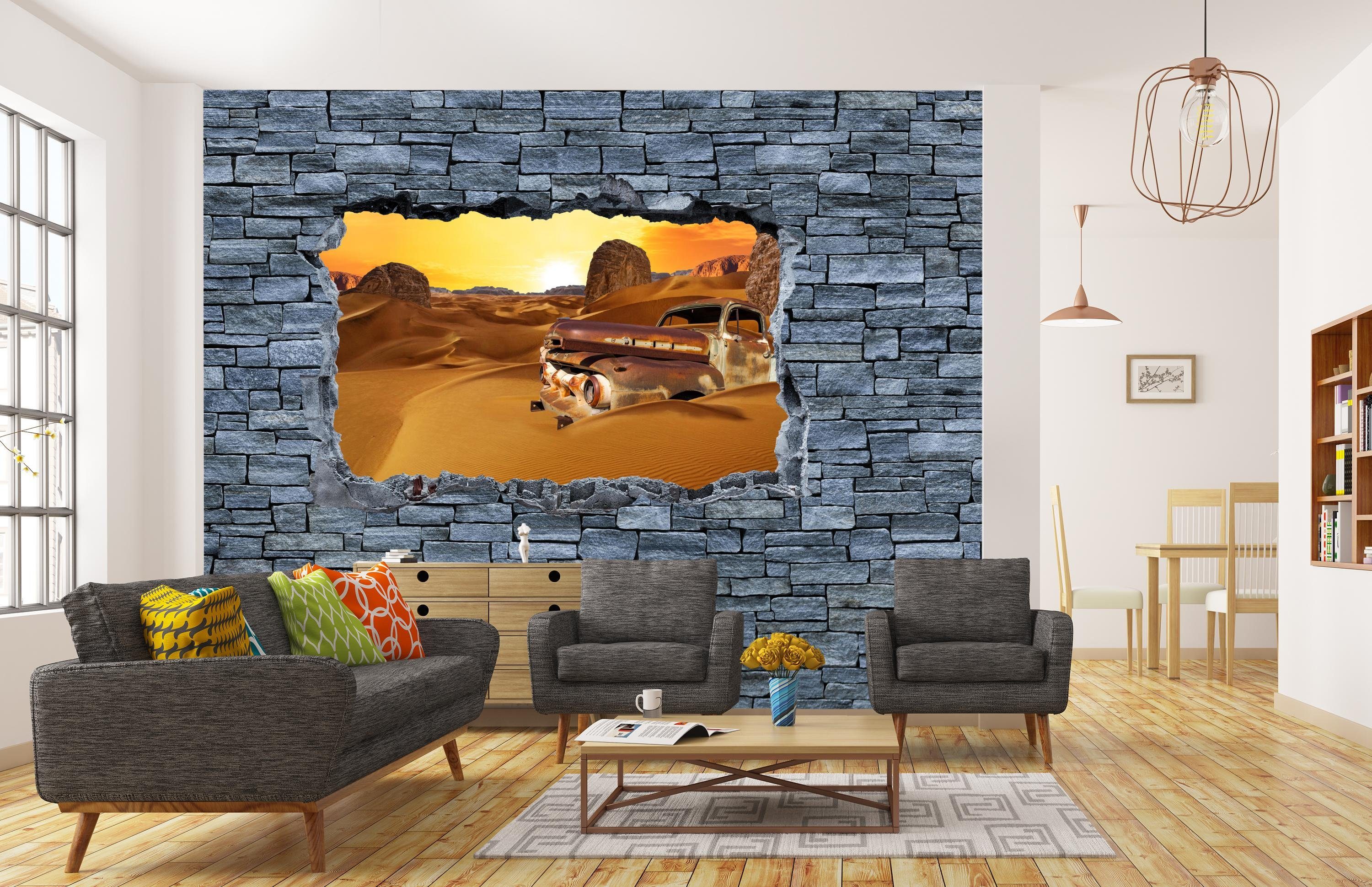 grobe Steinmauer, Motivtapete, der Wüste- wandmotiv24 matt, Auto Fototapete Vliestapete in Altes Wandtapete, glatt, 3D