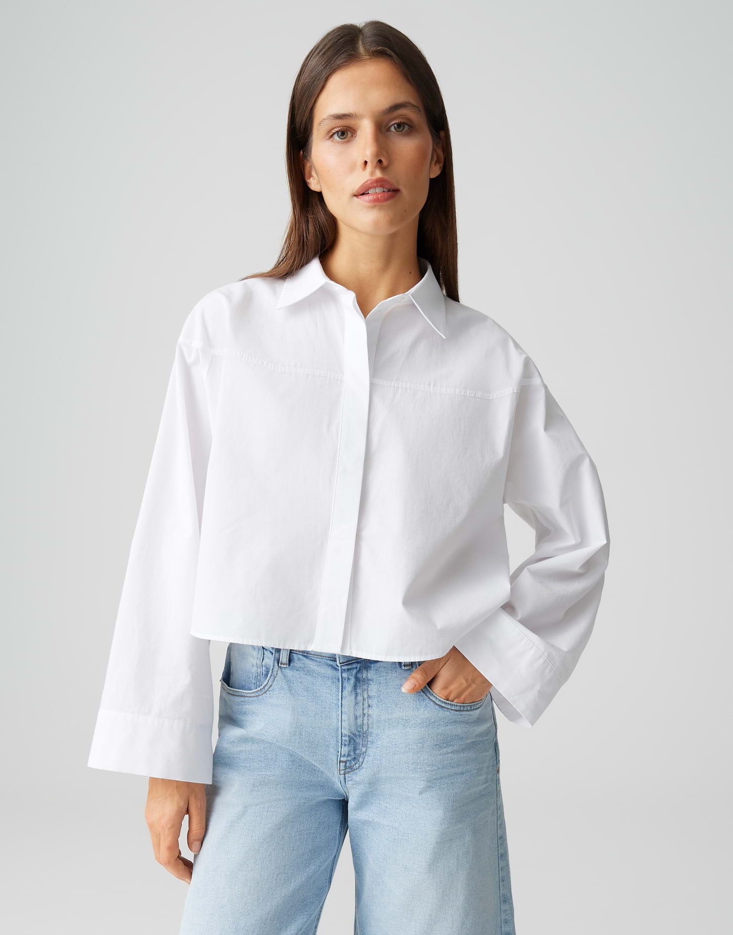 OPUS Hemdbluse Boxy Hemdbluse aus Baumwoll Popelin Weite Passform, verkürzte Länge, verdeckte Knopfleiste