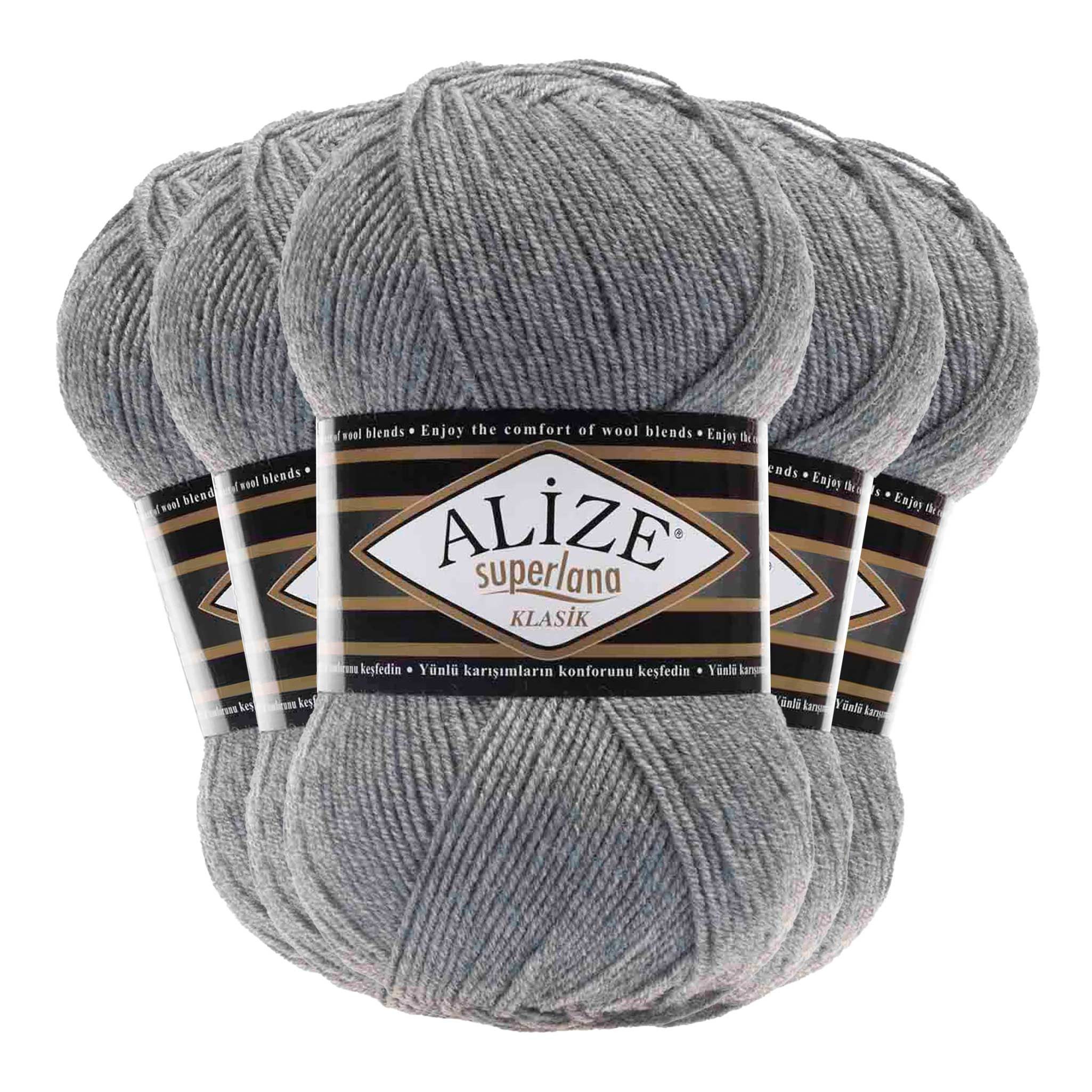 Alize Alize Superlana Klasik uni 5 x 100g Strickgarn Strickwolle 25% Wolle Häkelwolle, 1400 m (Sparpaket), 21 grau meliert