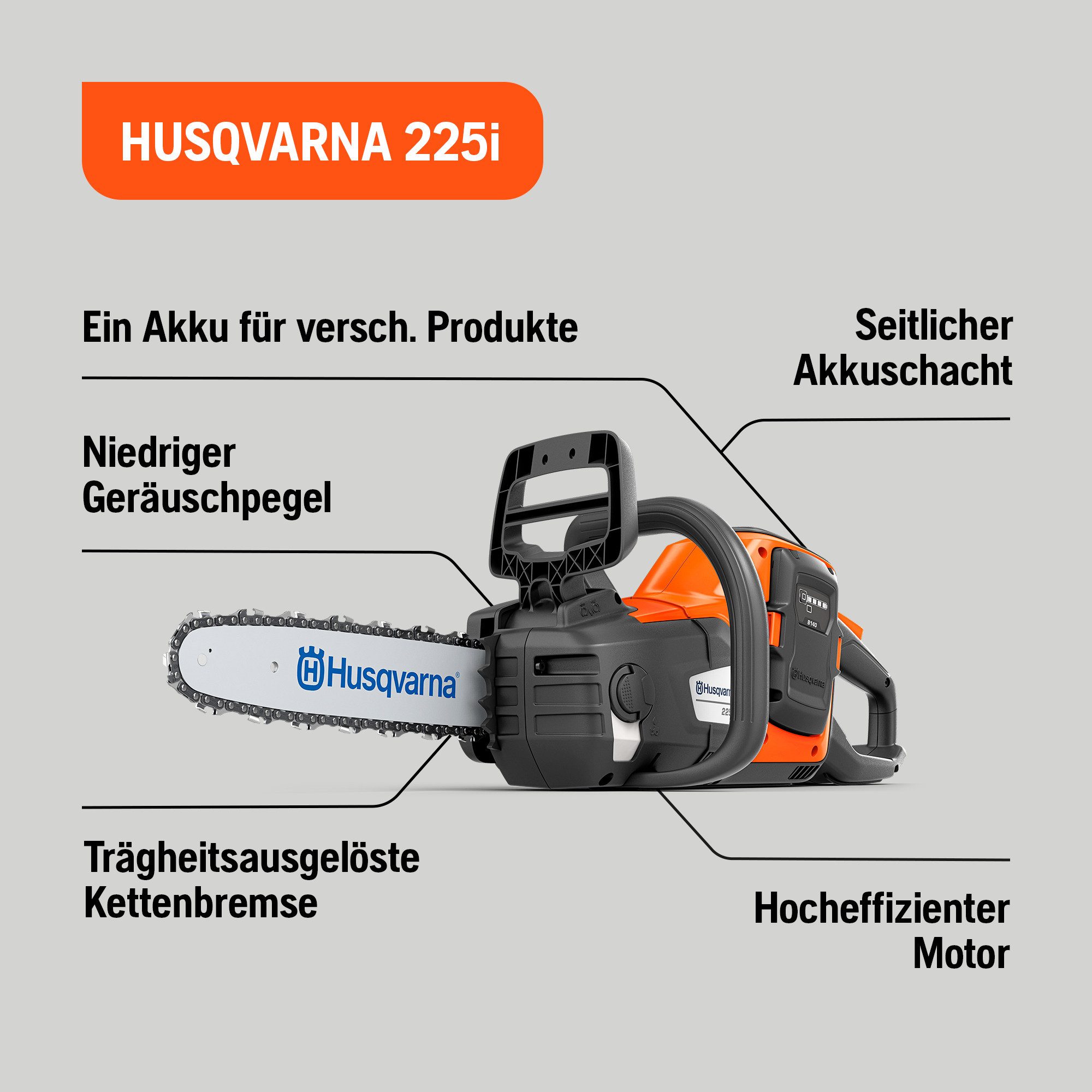Husqvarna 225i cordless chainsaw, 35.6 cm bar length, excluding 36V battery and charger - Lightweight, cordless, quiet, 12″ bar