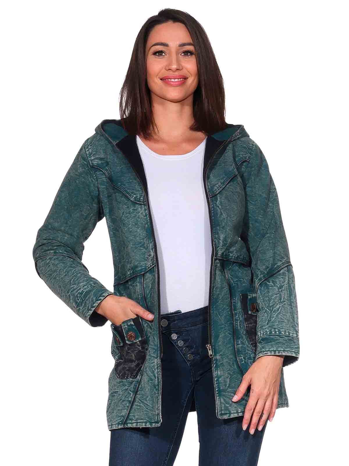 KUNST UND MAGIE Langjacke Vintage Damen Kurz Mantel + Kapuze Stonewashed Jacke Baumwolle Boho Vintage Stonewashed