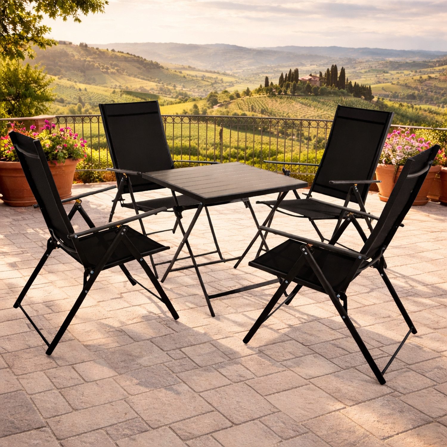 DEGAMO Garten-Essgruppe MILANO, (Set, 5-teilig), Metall anthrazit, Bezug schwarz, Tischplatte Kunstholz, klappbar
