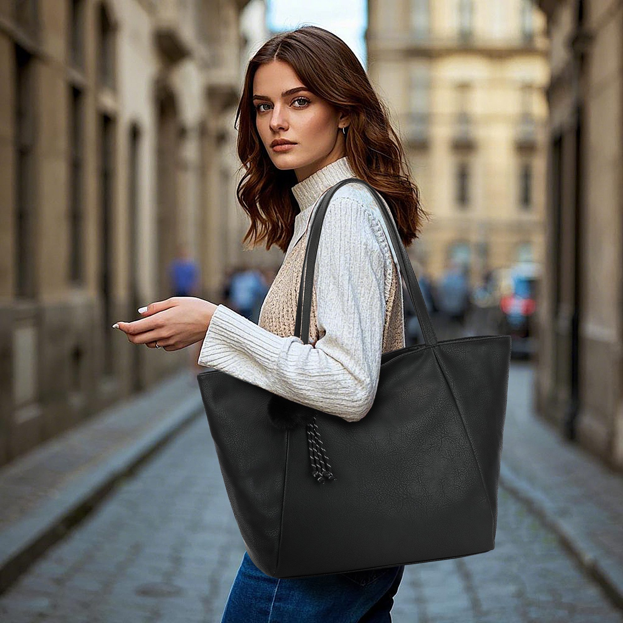 TAN.TOMI Schultertasche Umhängetasche Shopper Bag mit Reißverschluss, Mit Innentaschen, dekorative Anhänger für Arbeit Einkauf Reisen – Bild 2 von 5