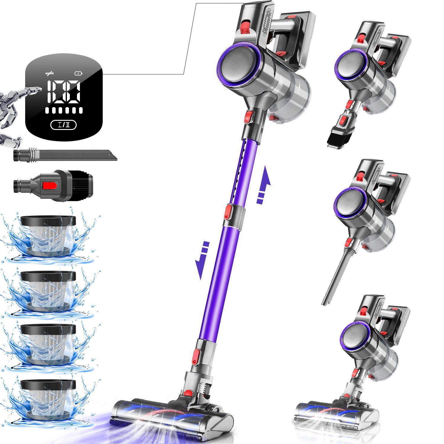 Hiazurm Akku-Hand-und Stielstaubsauger Akku Staubsauger, 2 Saugstufen, 50Min/1.6L Kabelloser Staubsauger, 8-in-1 Akkusauger für Teppich, Hartboden, Tierhaare,Mit Dufttabletten, Mit LED Display,HEPA*4