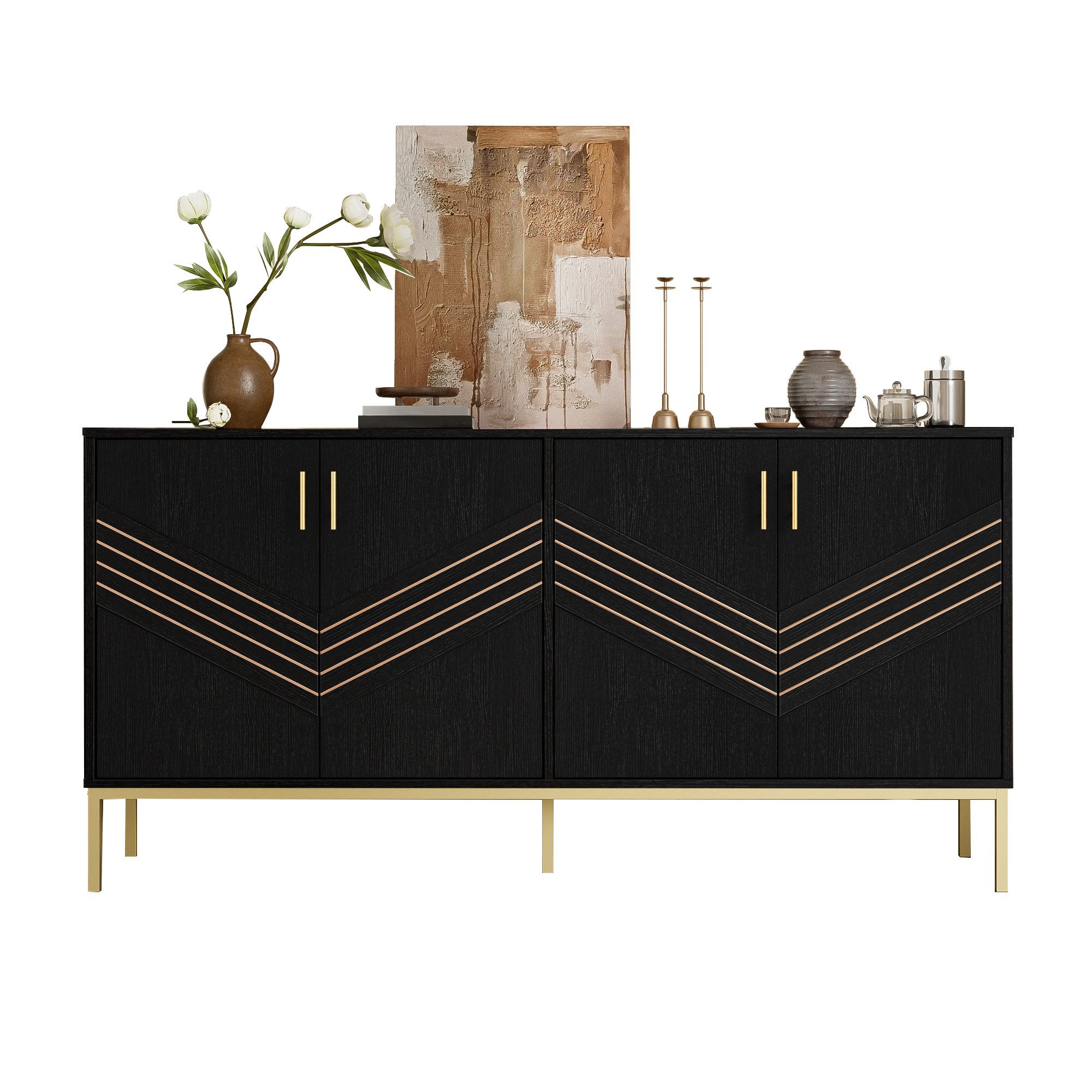 Refined Living Sideboard Aufbewahrungsschrank, Kommode mit 4 Türen, Stauraum,Anrichte Esszimmer (160×40×80,5 cm, Anrichte Esszimmer, Wohnzimmerschrank, mit Metallbeinen, höhenverstellbare Regale, Buffet Schrank, Flurschrank, Modernes Design, Platzsparend, 1 St., Viel Stauraum, Hochwertige Materialien, Vielseitig Einsetzbar), für Flur, Wohnzimmer, Eingangsbereich, Wohnung, Schlaf-/Esszimmer,Büro