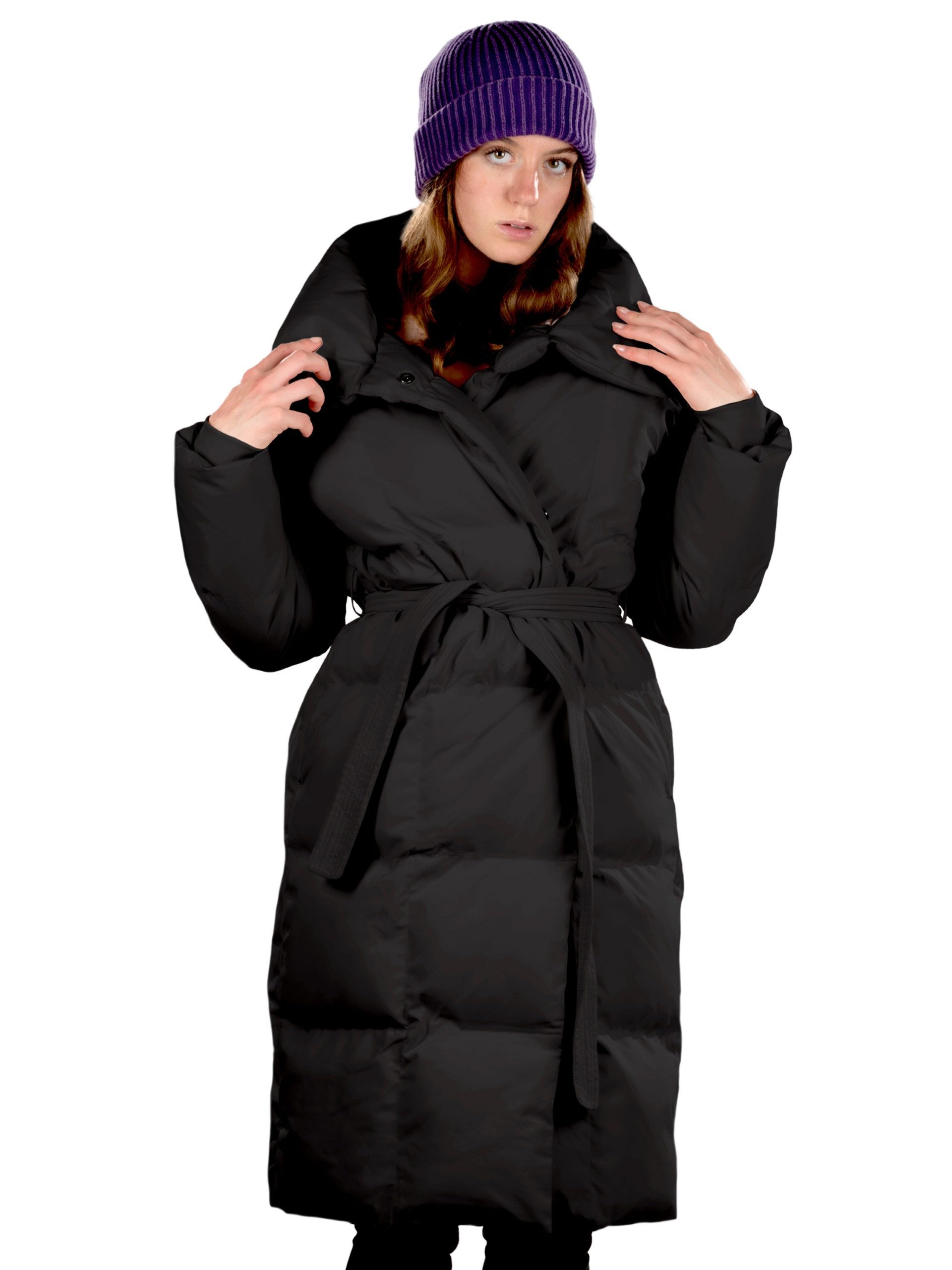 Shorai Steppjacke Steppmantel mit Gürtel hoher wattierter Stehkragen