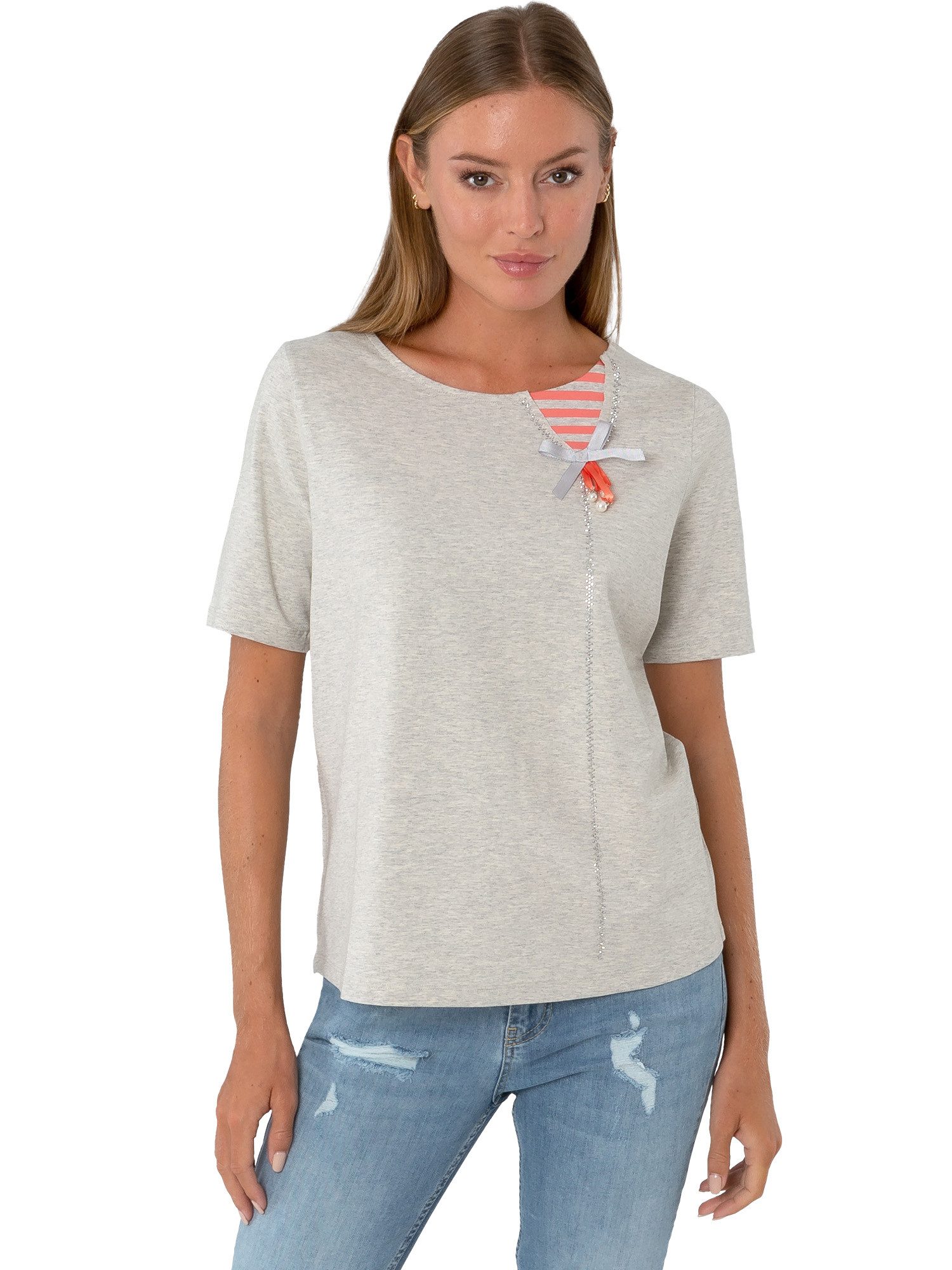 Estefania for woman Rundhalsshirt 194-1206, mit Schleife und Strassbesatz kleine Perlenanhänger