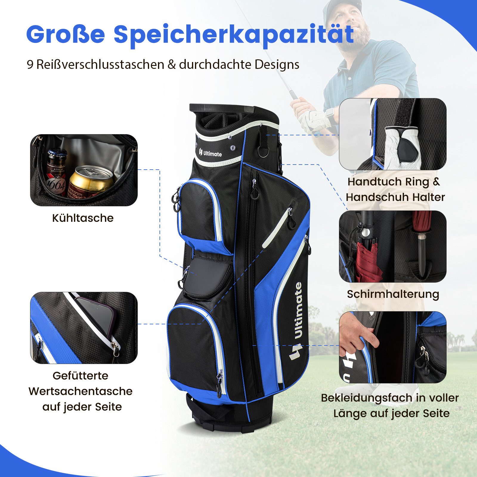 COSTWAY Golfballtasche, Golfschlägertasche mit 14 Fächern & Regenschutz